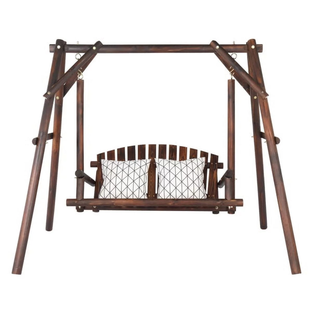 Hardwood Patio Swing with Stand for 2 Person, Carbonized L558