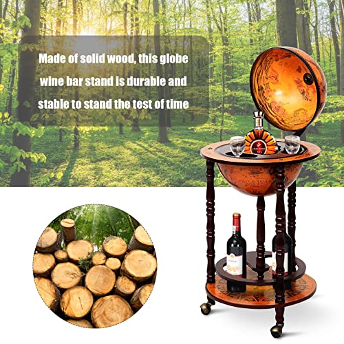 Globe Bar Cart, Wood Wine Cabinet with Wheels & Liquor Shelf D834655