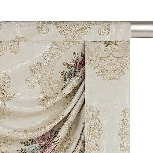 Luxury Jacquard Waterfall Valance with Tassels, Floral Damask Swag Curtains, Pearly Beige, 79 Inch, 1 Panel G1502