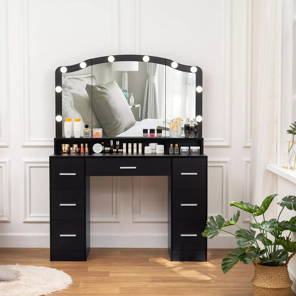 Black Vanity Desk with Lighted Mirror and 7 Drawers E874938