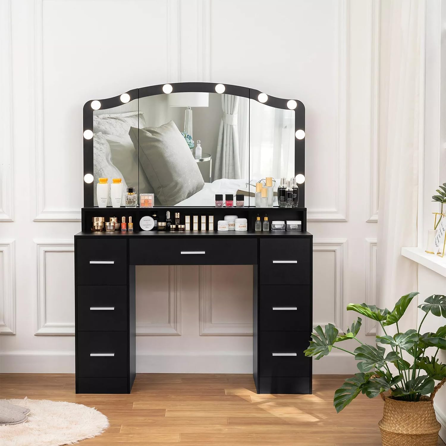 Black Vanity Desk with Lighted Mirror and 7 Drawers E874938