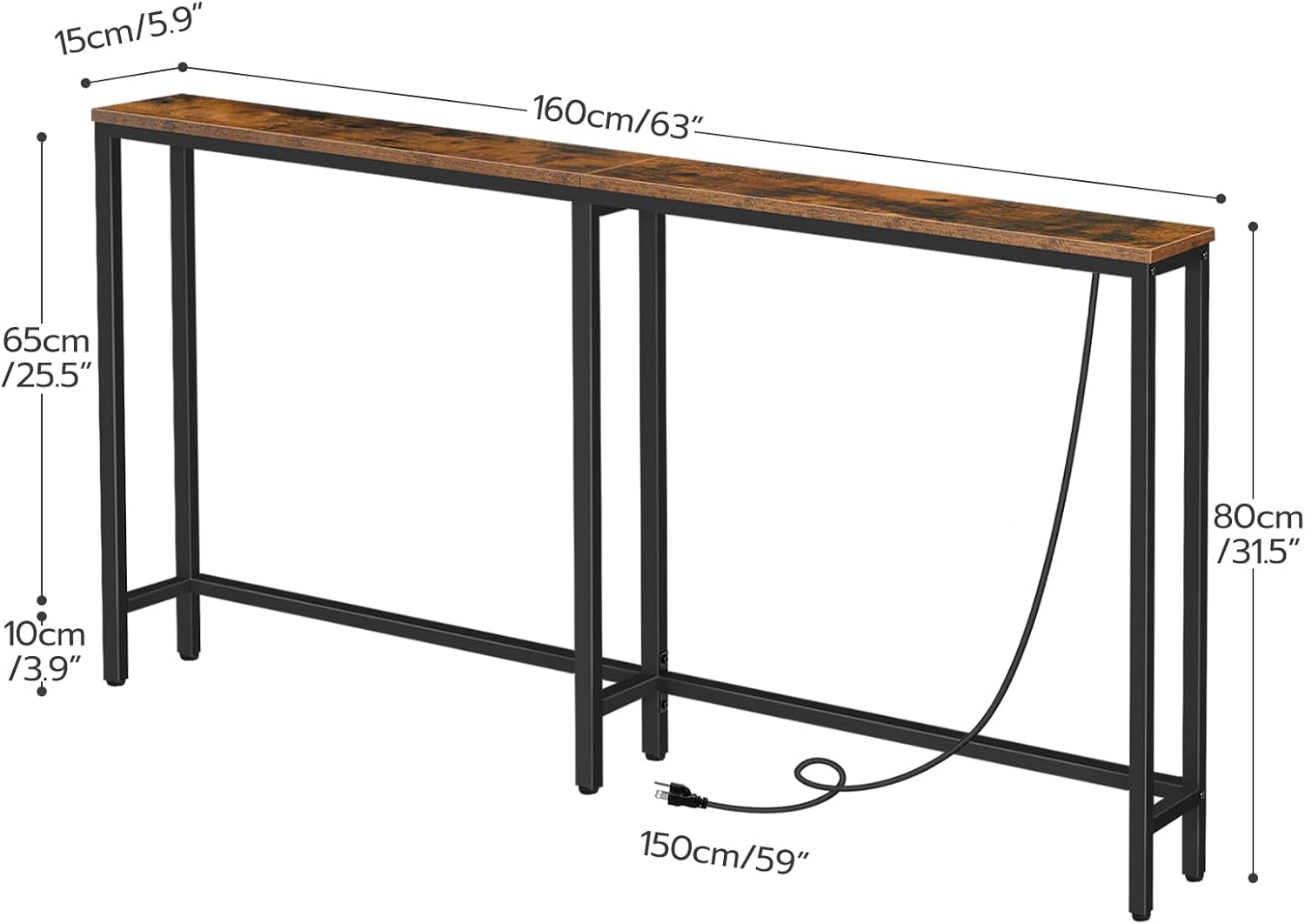 Narrow Console Table with 2 Fabric Drawers and Charging Station, Rustic Brown and Black O9157