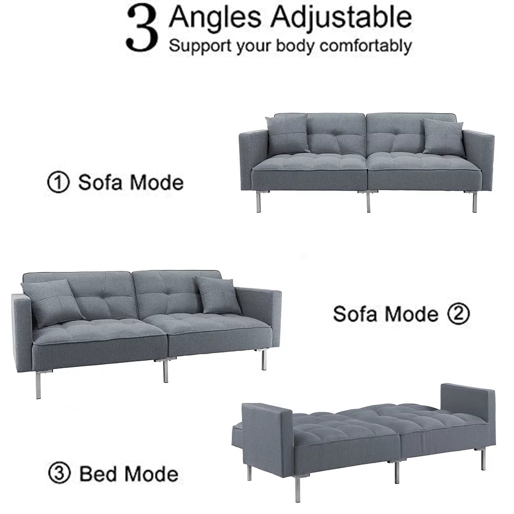 Gray Futon Sofa Bed with 2 Pillows and Metal Legs G114