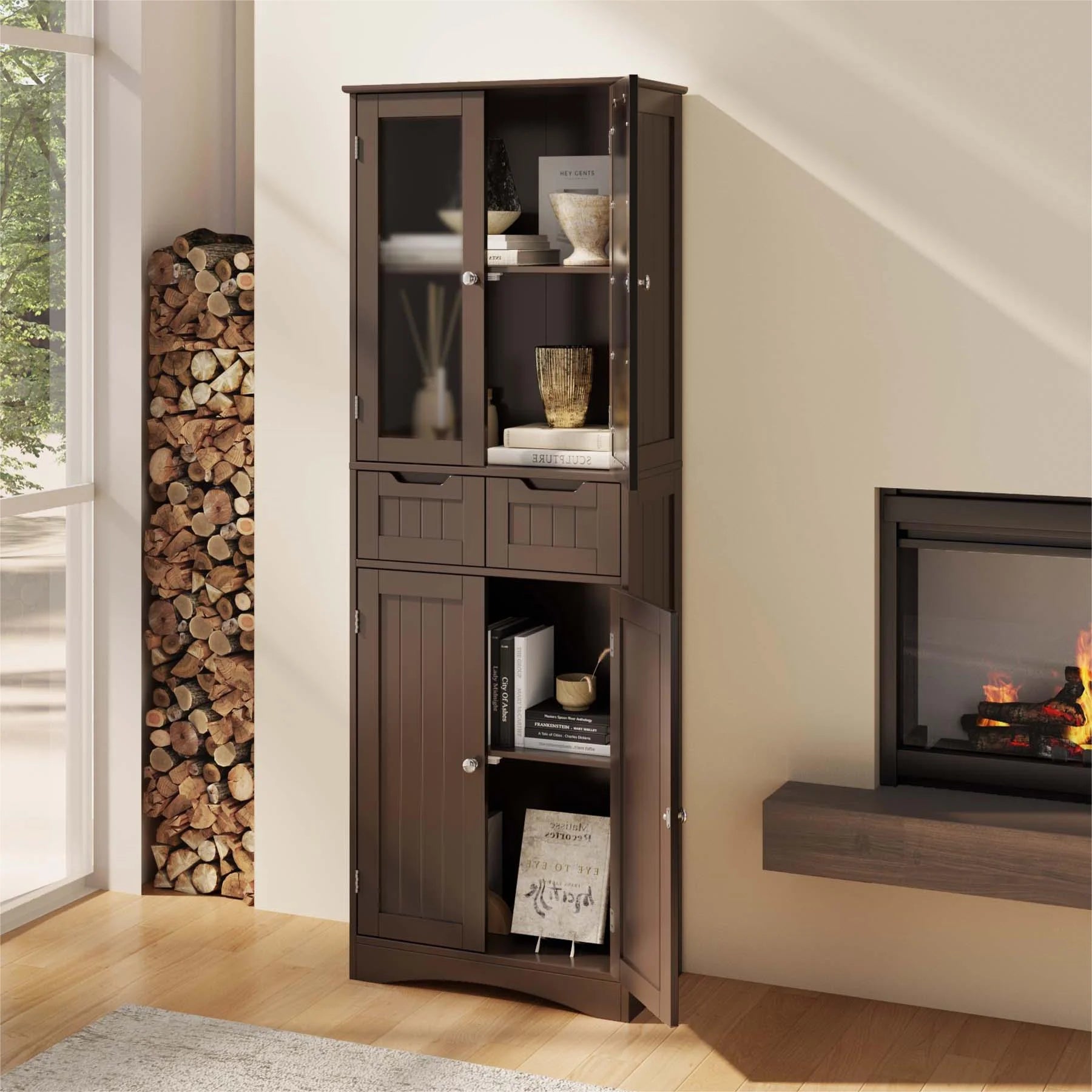 Tall Storage Cabinet with Glass Doors and 2 Drawers, Dark Brown V33192