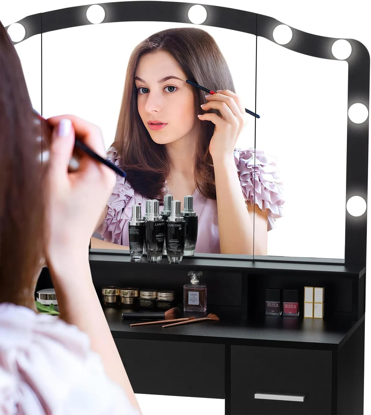 Black Vanity Desk with Lighted Mirror and 7 Drawers E874938