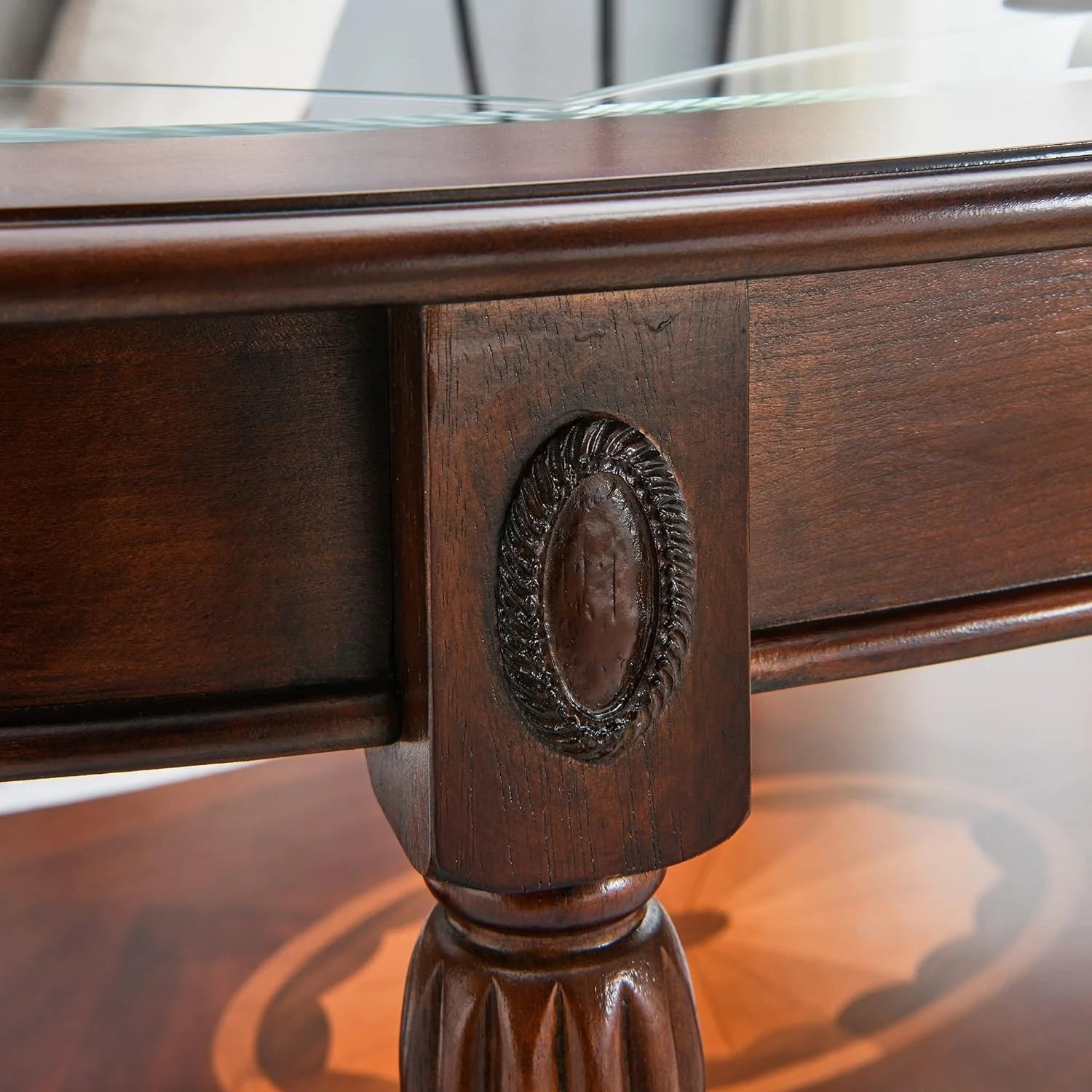 Oval Coffee Table with Glass Top, Solid Wood, Vintage Style K79990