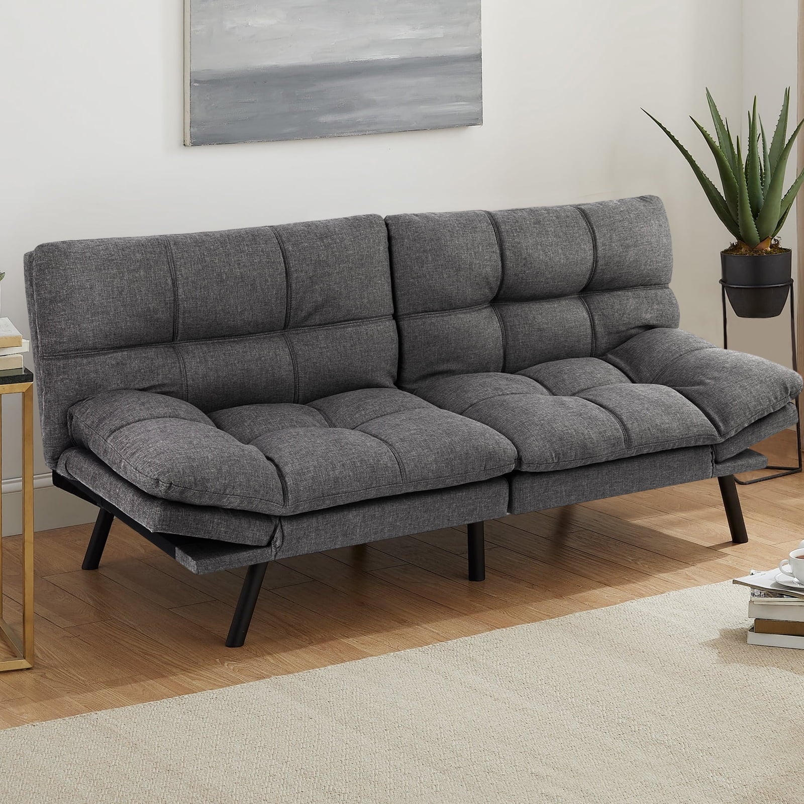 Futon Sofa Bed, Convertible Futon Sofa Memory Foam Double Sofa Bed with Adjustable Backrest and Armrests for Apartments, Dorms, Guest Rooms and Offices, Gray