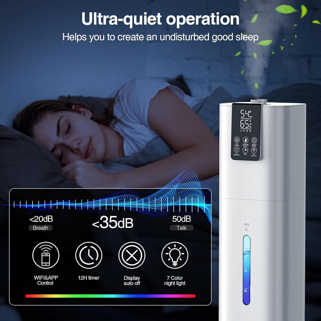 8L Top Fill Cold Mist Humidifier for Large Rooms, 48H Runtime, App & Remote Control U2832