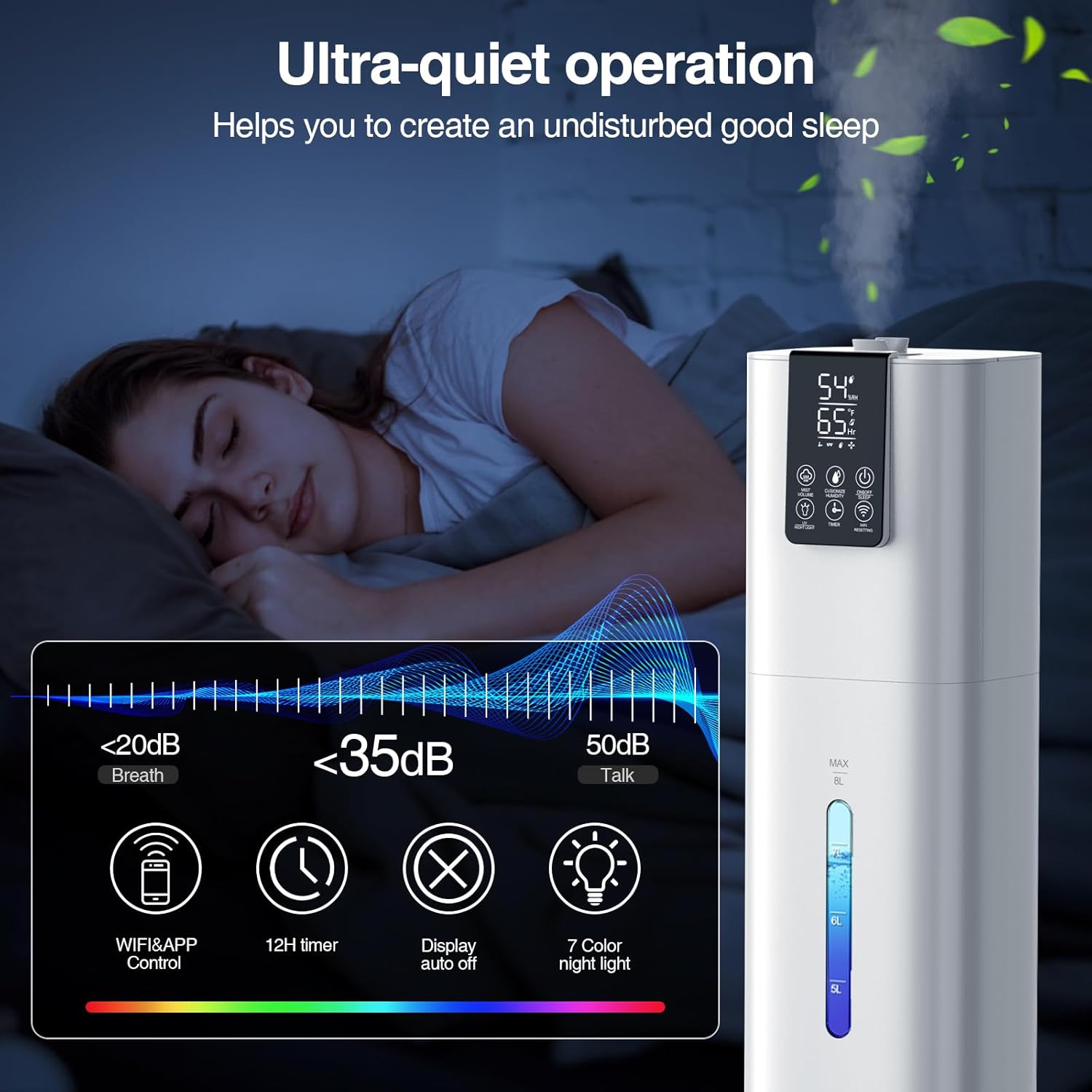 8L Top Fill Cold Mist Humidifier for Large Rooms, 48H Runtime, App & Remote Control U2832