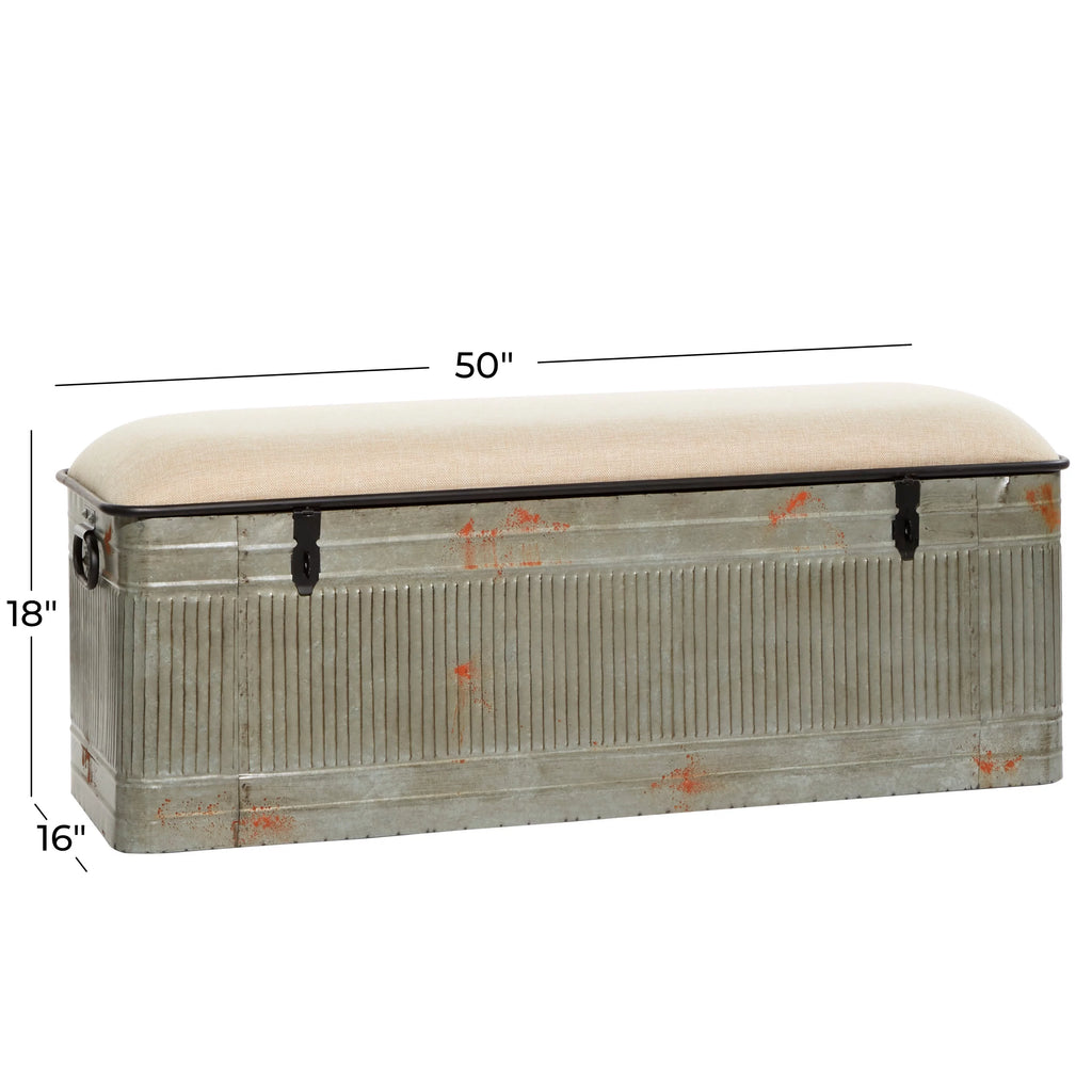 Metal Galvanized Storage Bench with Cream Burlap Top E438064