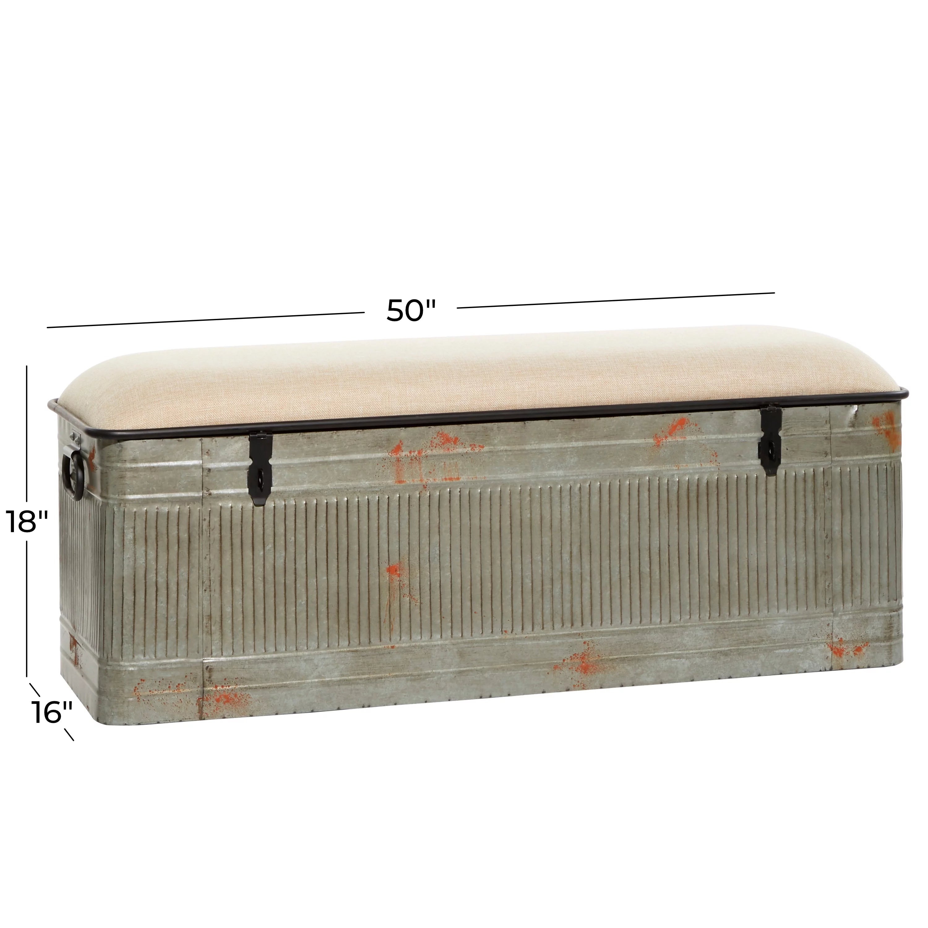 Metal Galvanized Storage Bench with Cream Burlap Top E438064