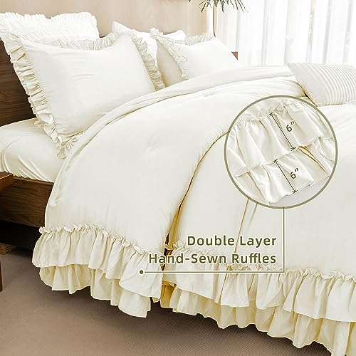 Ruffled Comforter Set Queen Size, 3 Pieces Taupe Boho Bedding G122