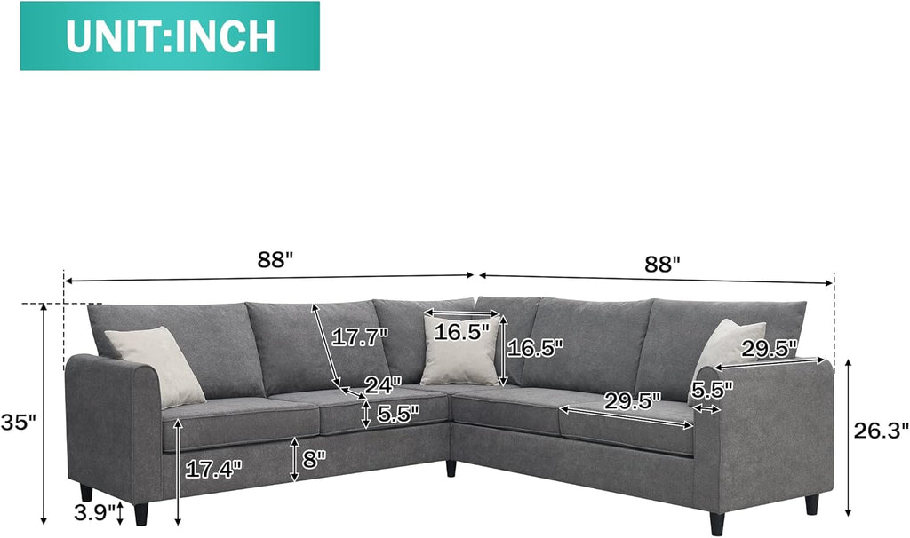 L-Shape Sectional Sofa with 3 Pillows, Gray N528795