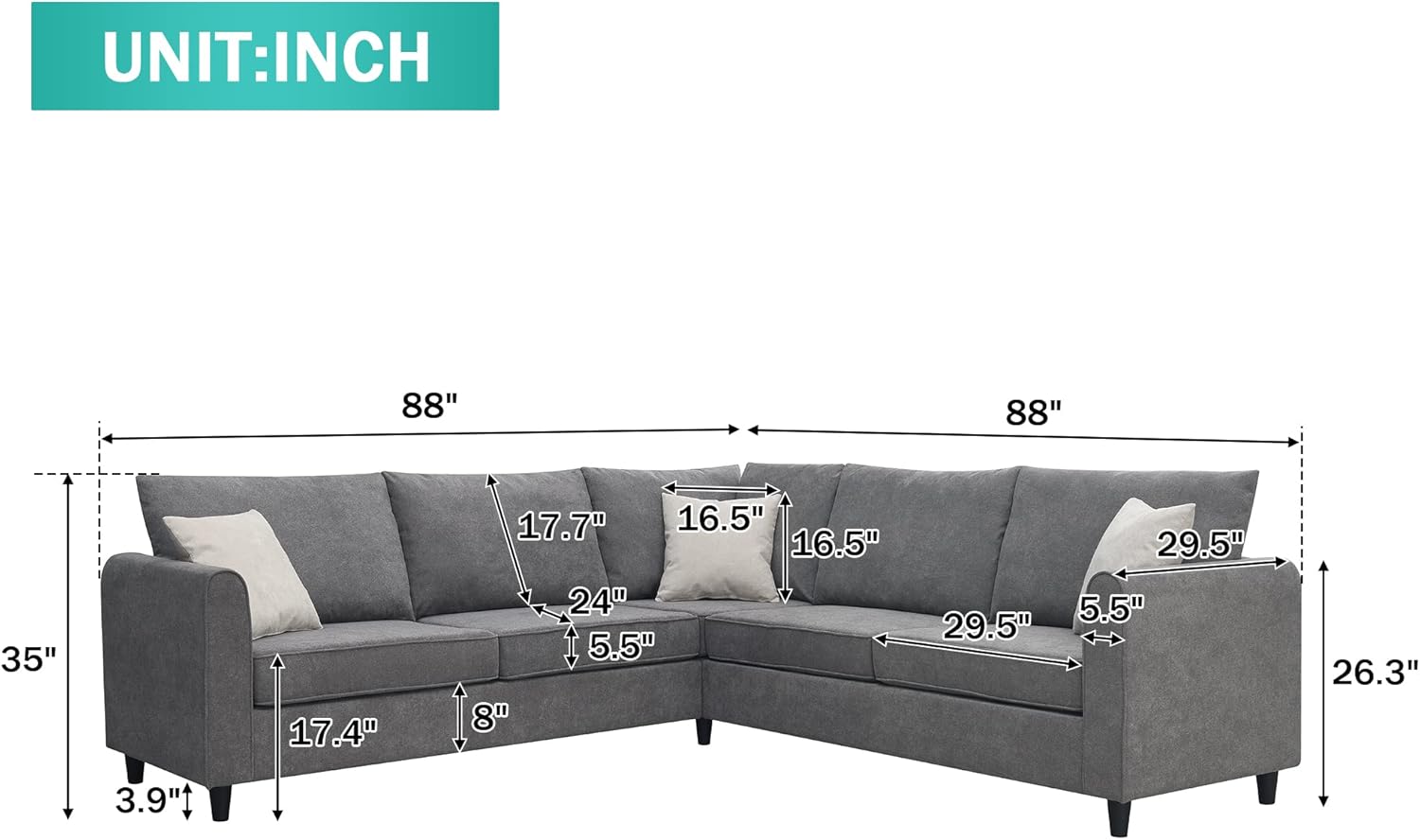 L-Shape Sectional Sofa with 3 Pillows, Gray N528795