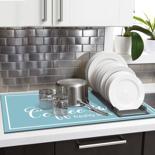 Dish Drying Mat for Countertops, Absorbent Coffee Bar Mat with Coffee Cup Pattern, Linen G600