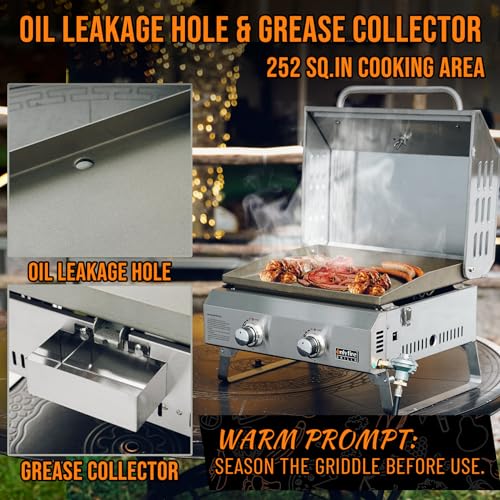 Flat Top Gas Griddle, 2-Burner Tabletop Propane Grill, Portable Outdoor Cooking N1446