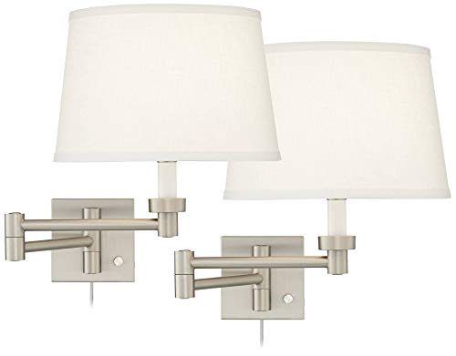 Swing Arm Wall Lamp Brushed Nickel Plug-in Dimmable White Linen Shade W8027