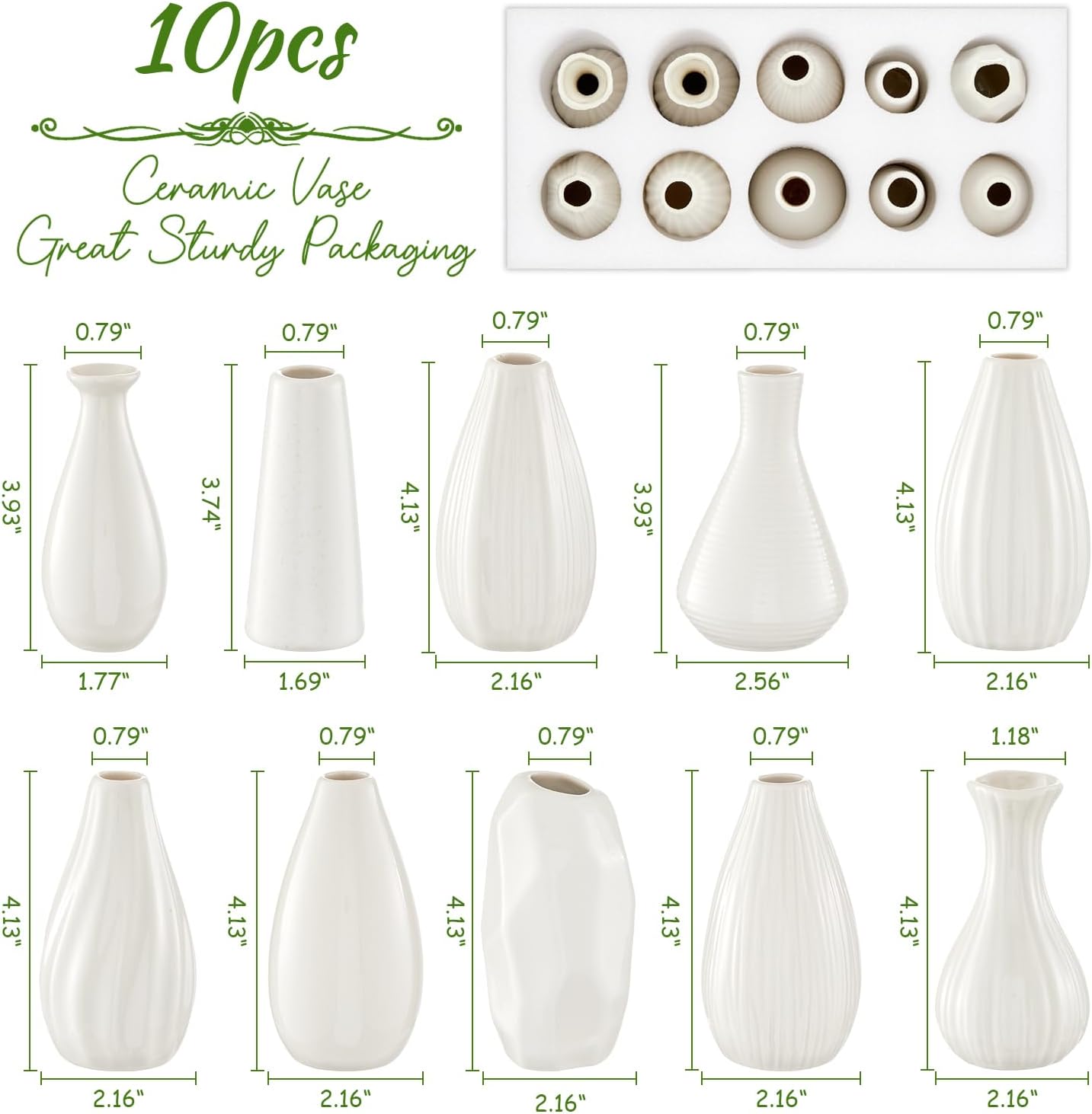Mini Ceramic Vase Set of 10, 4 Inch White Bud Vases for Table Decor K6782