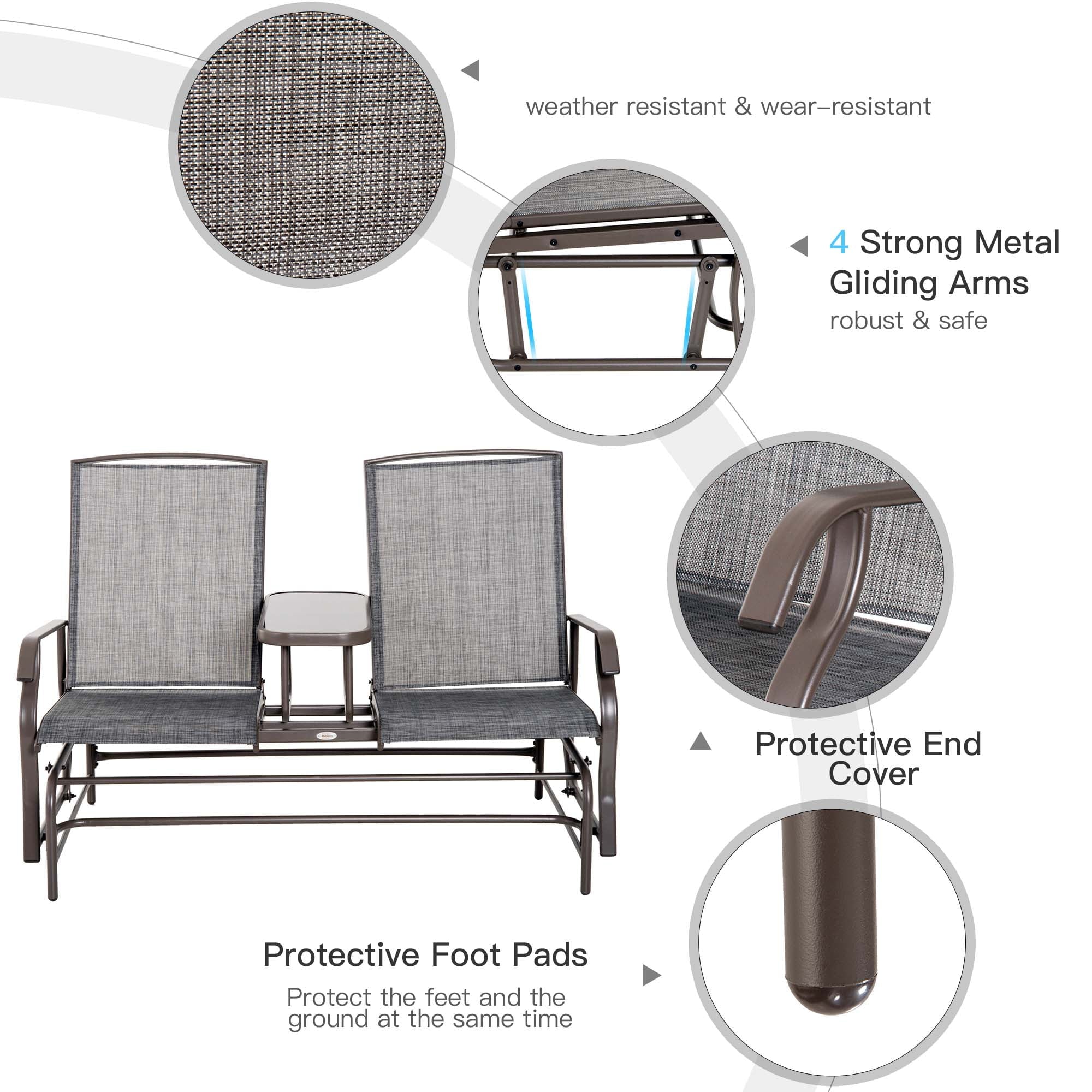 Outdoor Glider Bench with Center Table, Metal Frame Patio Loveseat Q793223