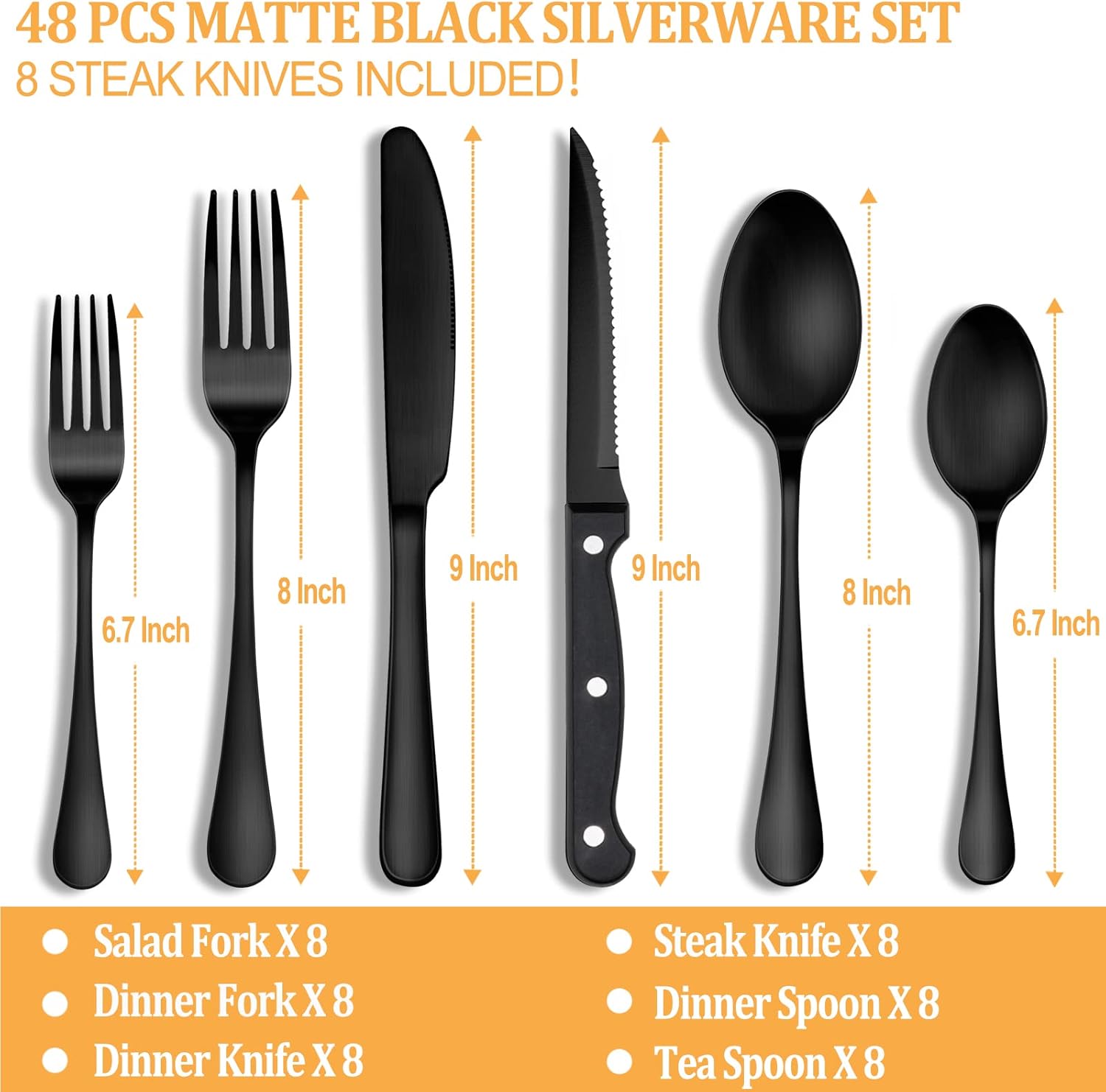 Matte Black Silverware Set with Steak Knives for 8 M24144
