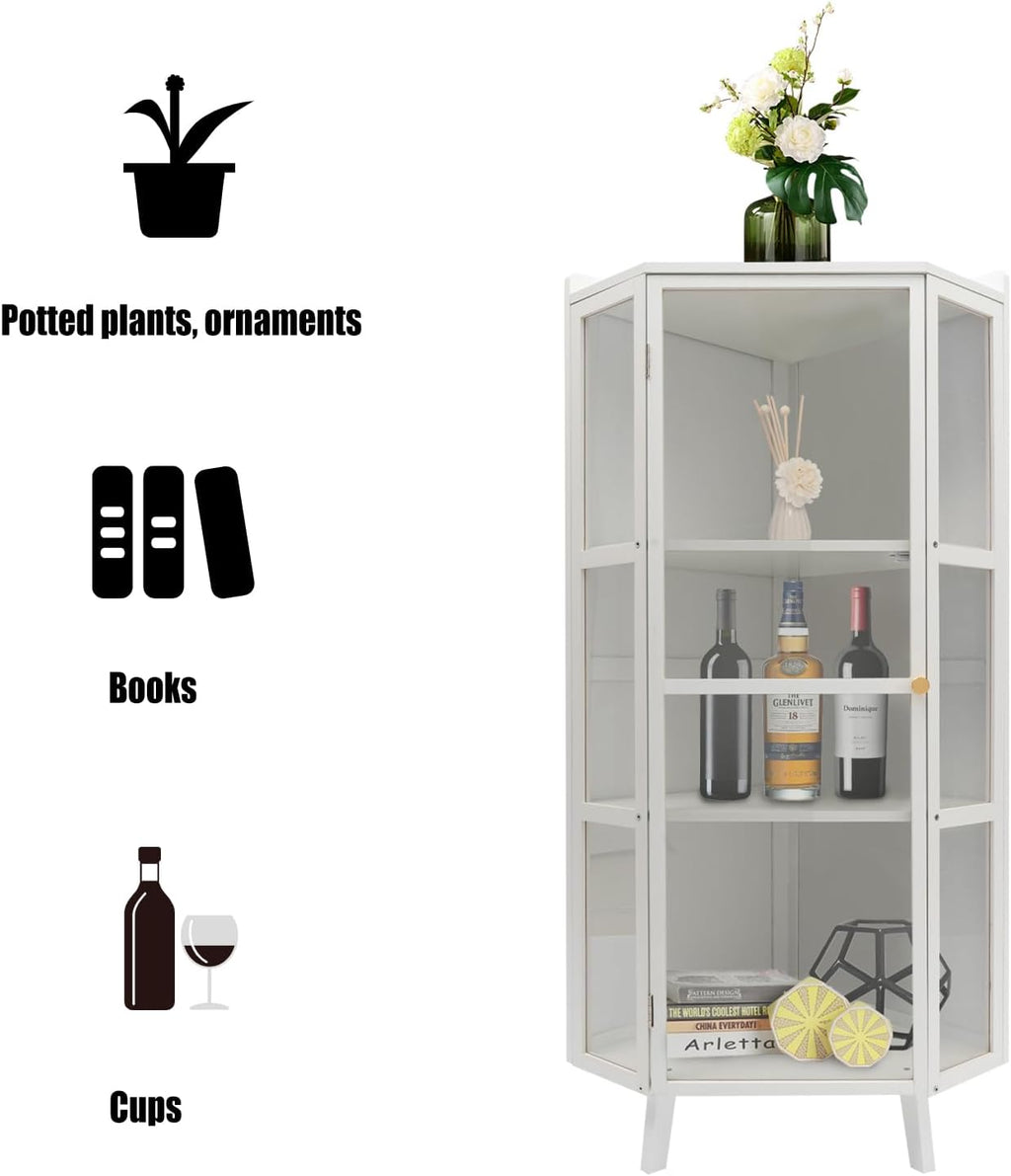 Tall Corner Storage Cabinet Freestanding 3-Tier Bookshelf with Clear Door E8381