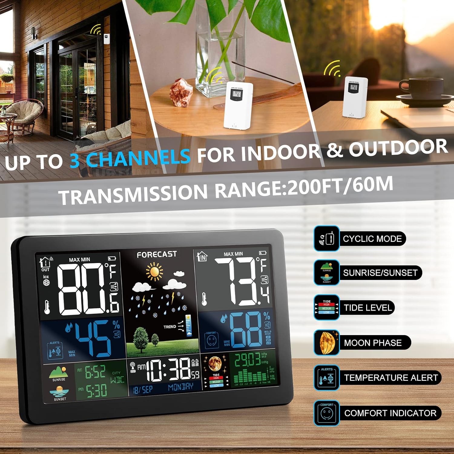 Wireless Indoor Outdoor Weather Station with Color Display and 3 Sensors V2347
