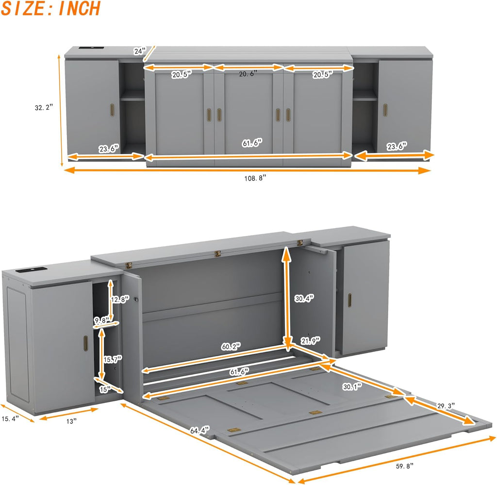Queen Size Murphy Bed with Shelves, Cabinets and USB Ports S875414