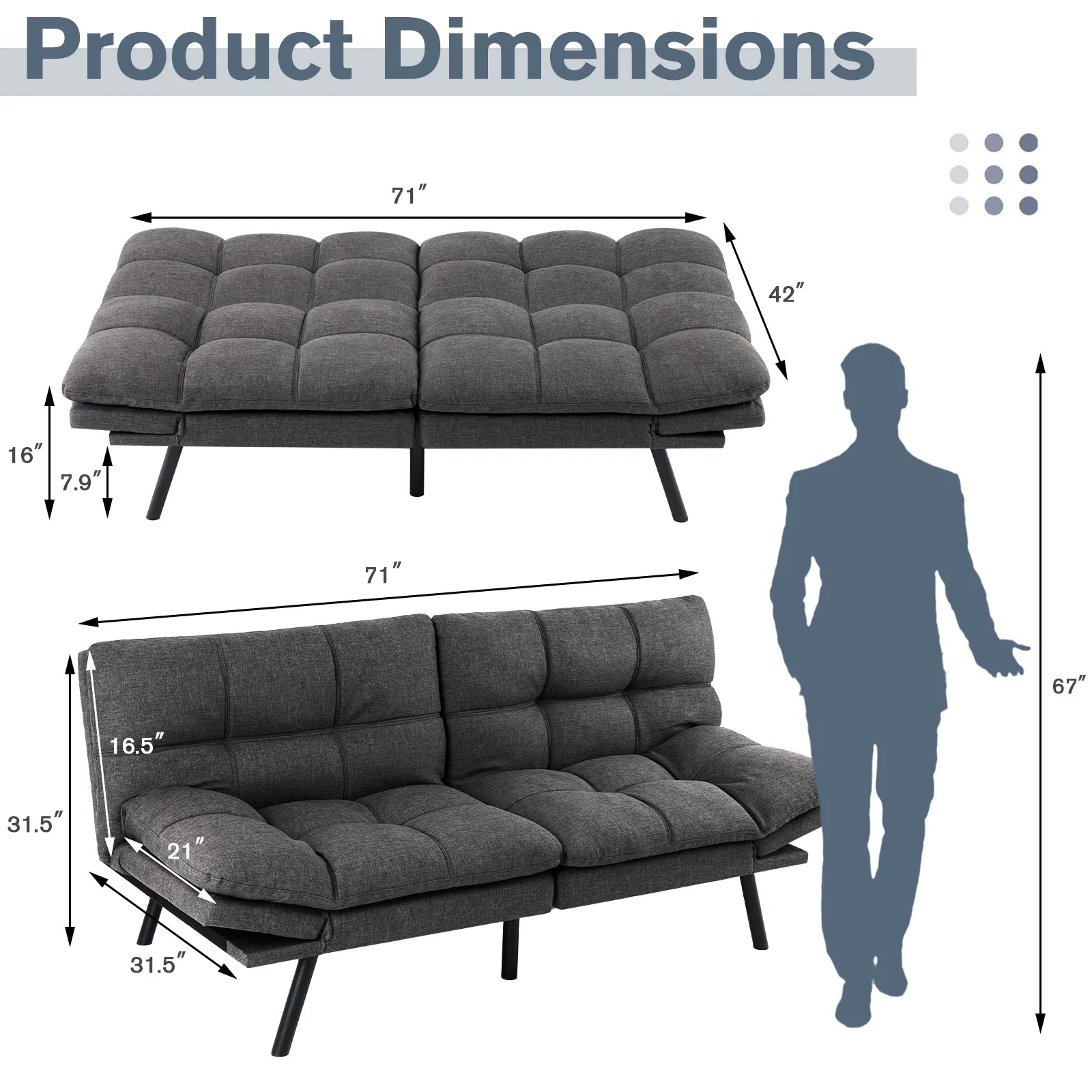Convertible Futon Sofa Bed with Memory Foam, Gray Y8942