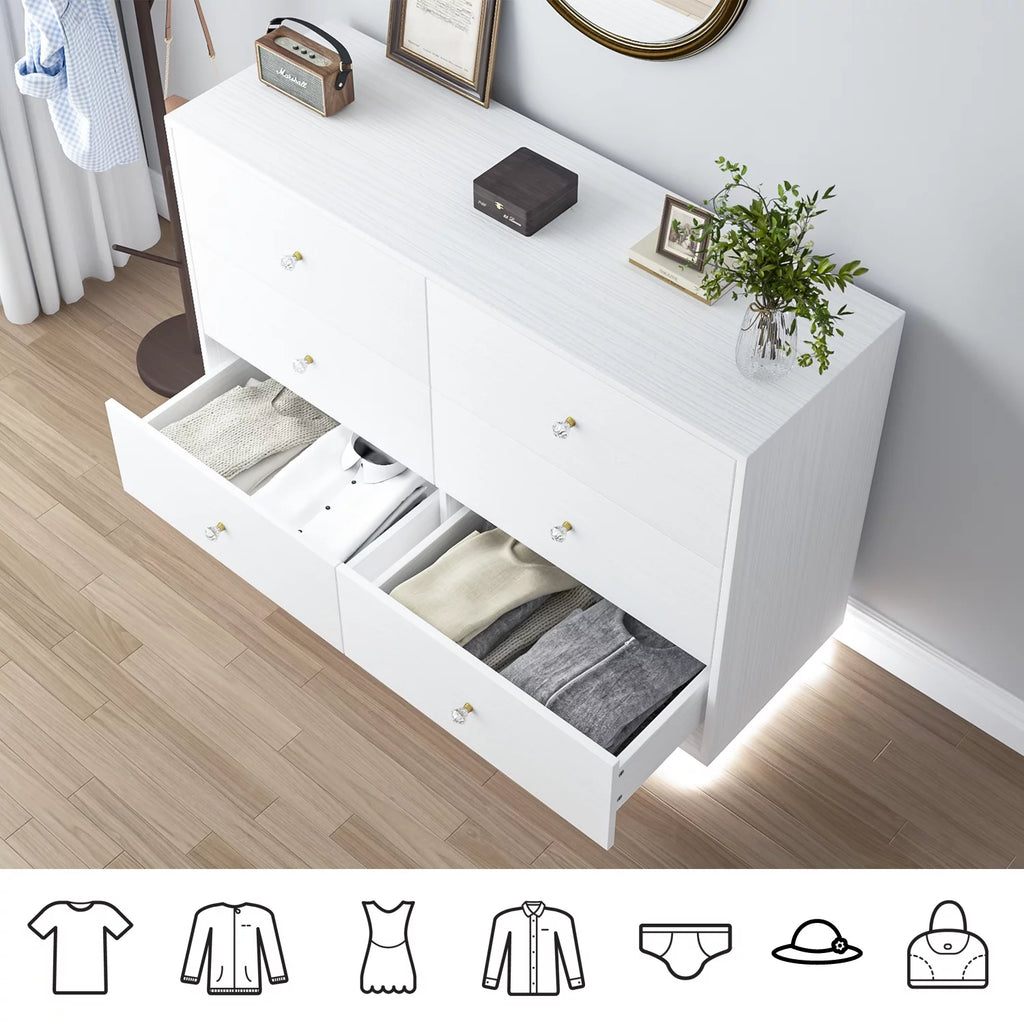 White 6 Drawer Dresser with LED Light for Bedroom Y281024