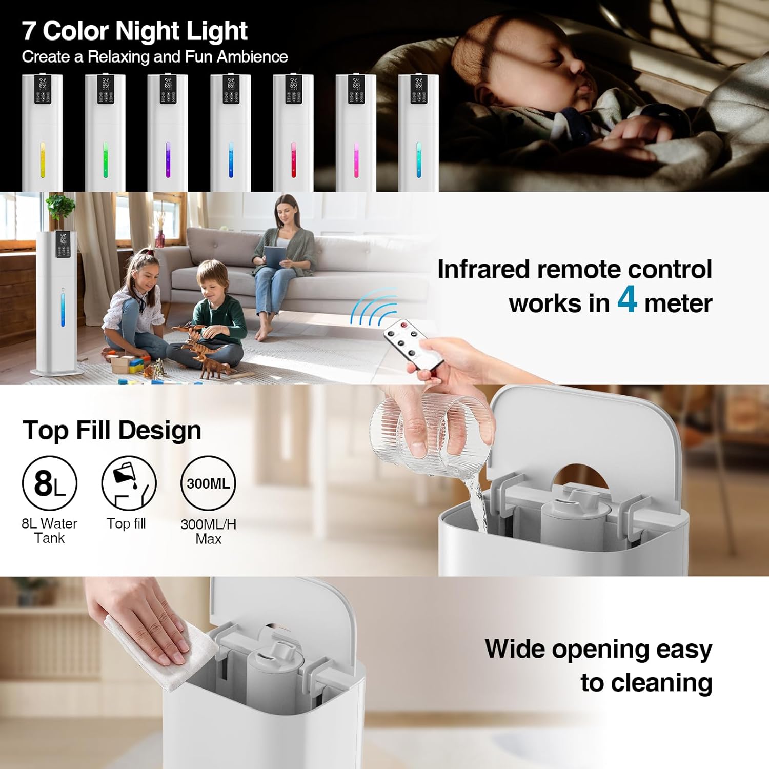 8L Top Fill Cold Mist Humidifier for Large Rooms, 48H Runtime, App & Remote Control U2832