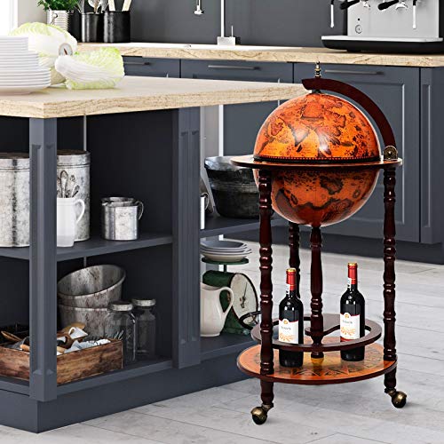 Globe Bar Cart, Wood Wine Cabinet with Wheels & Liquor Shelf D834655