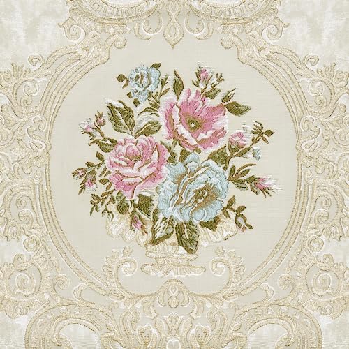 Luxury Jacquard Waterfall Valance with Tassels, Floral Damask Swag Curtains, Pearly Beige, 79 Inch, 1 Panel G1502