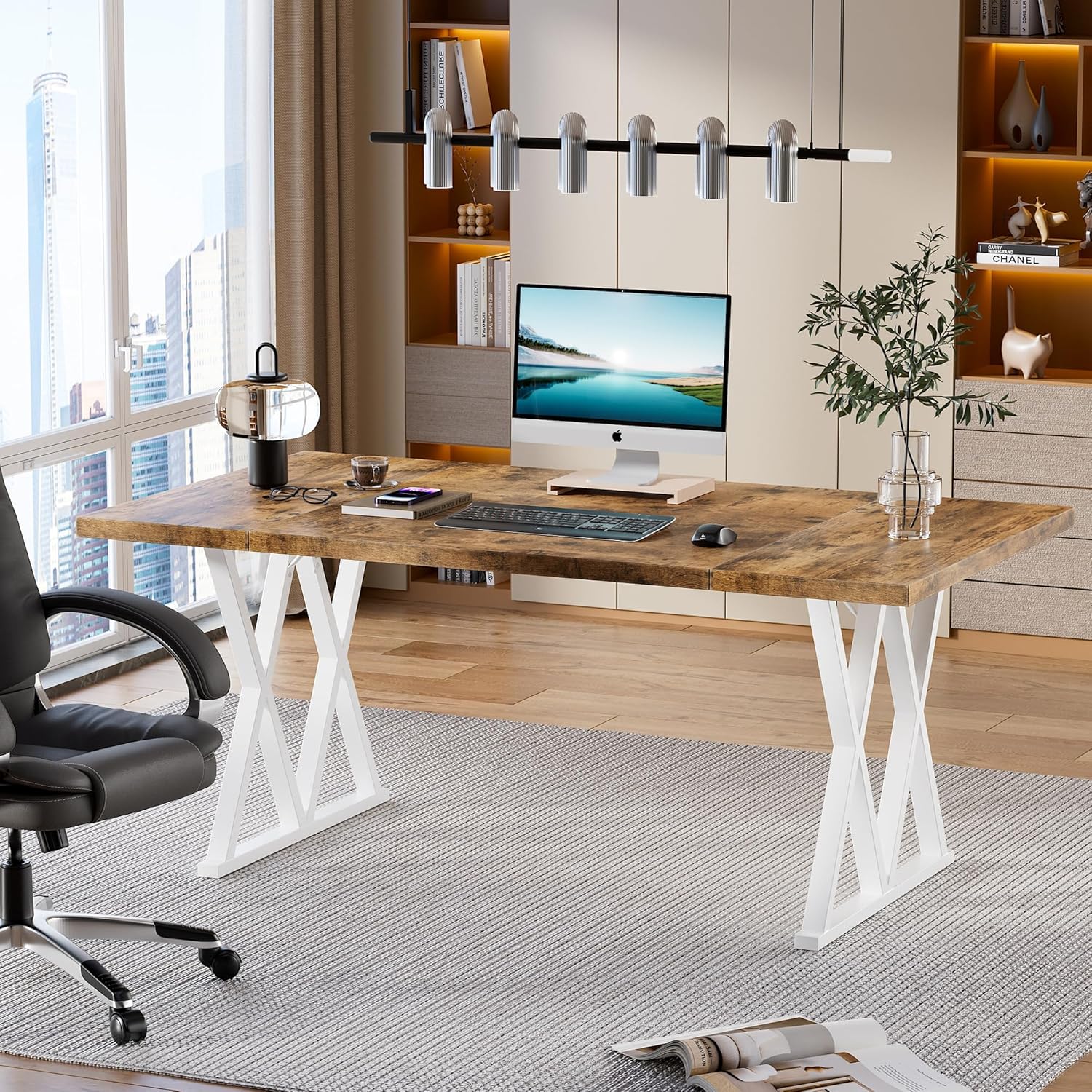 Large Executive Desk with X-Shaped Metal Legs, Modern Office Workstation P96479