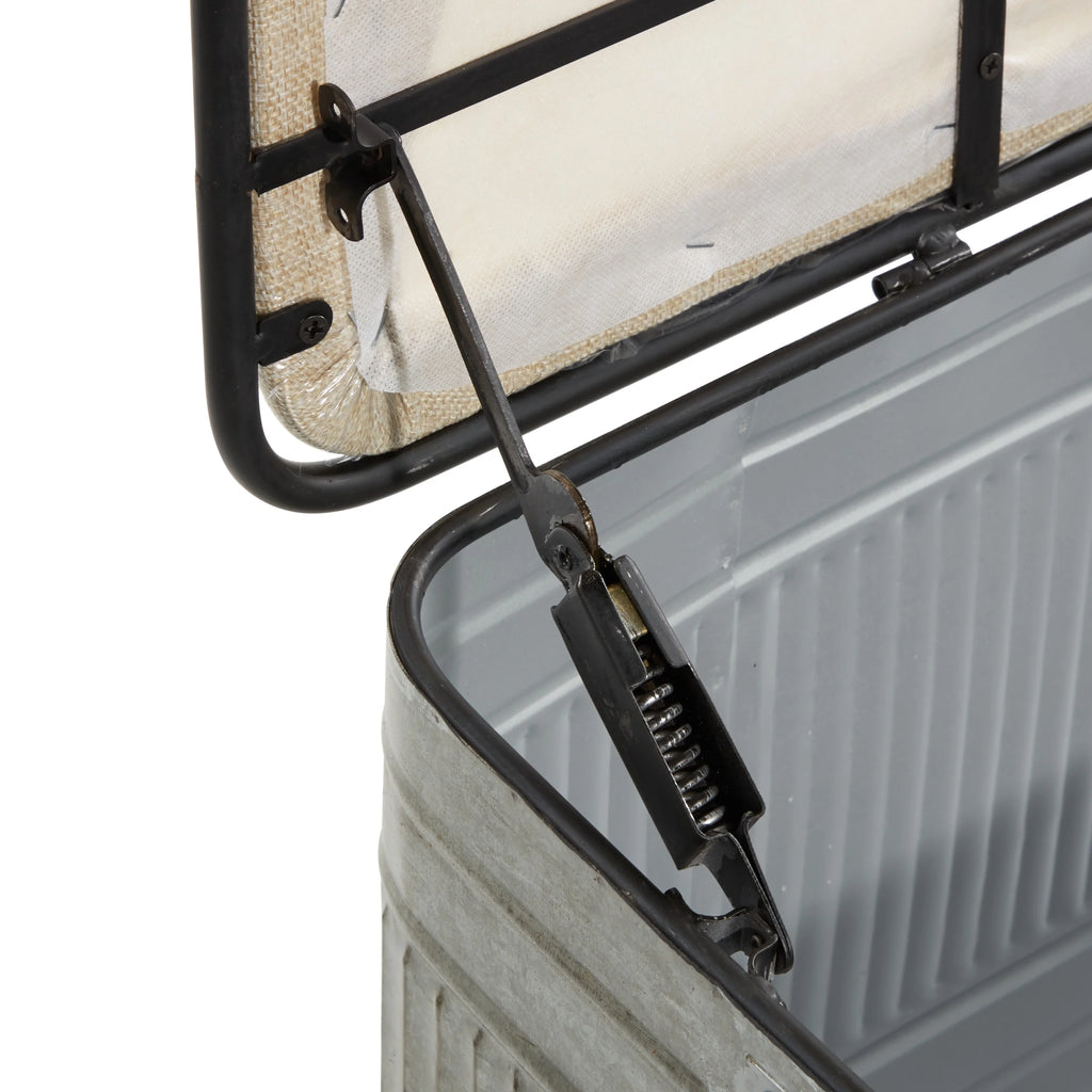 Metal Galvanized Storage Bench with Cream Burlap Top E438064