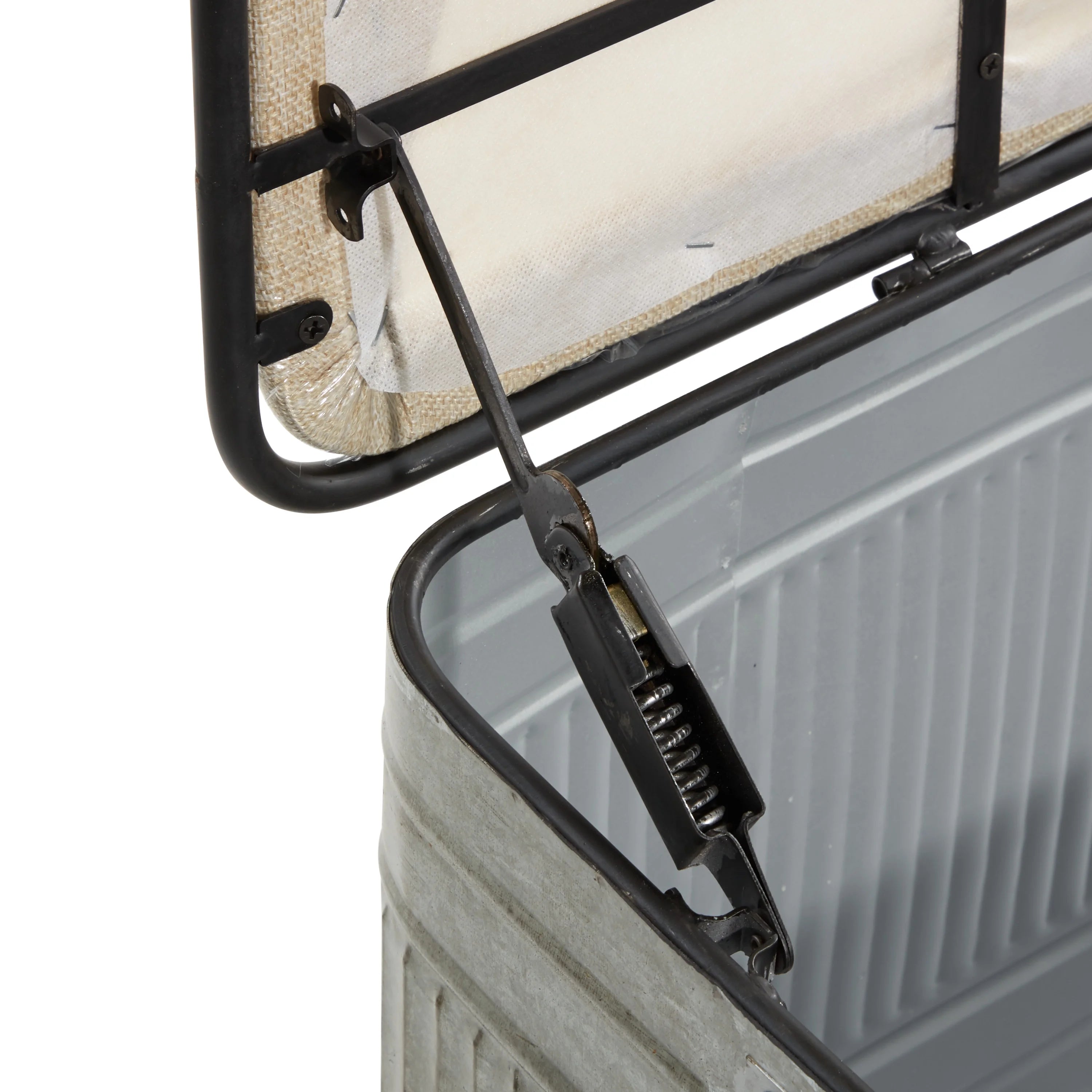 Metal Galvanized Storage Bench with Cream Burlap Top E438064