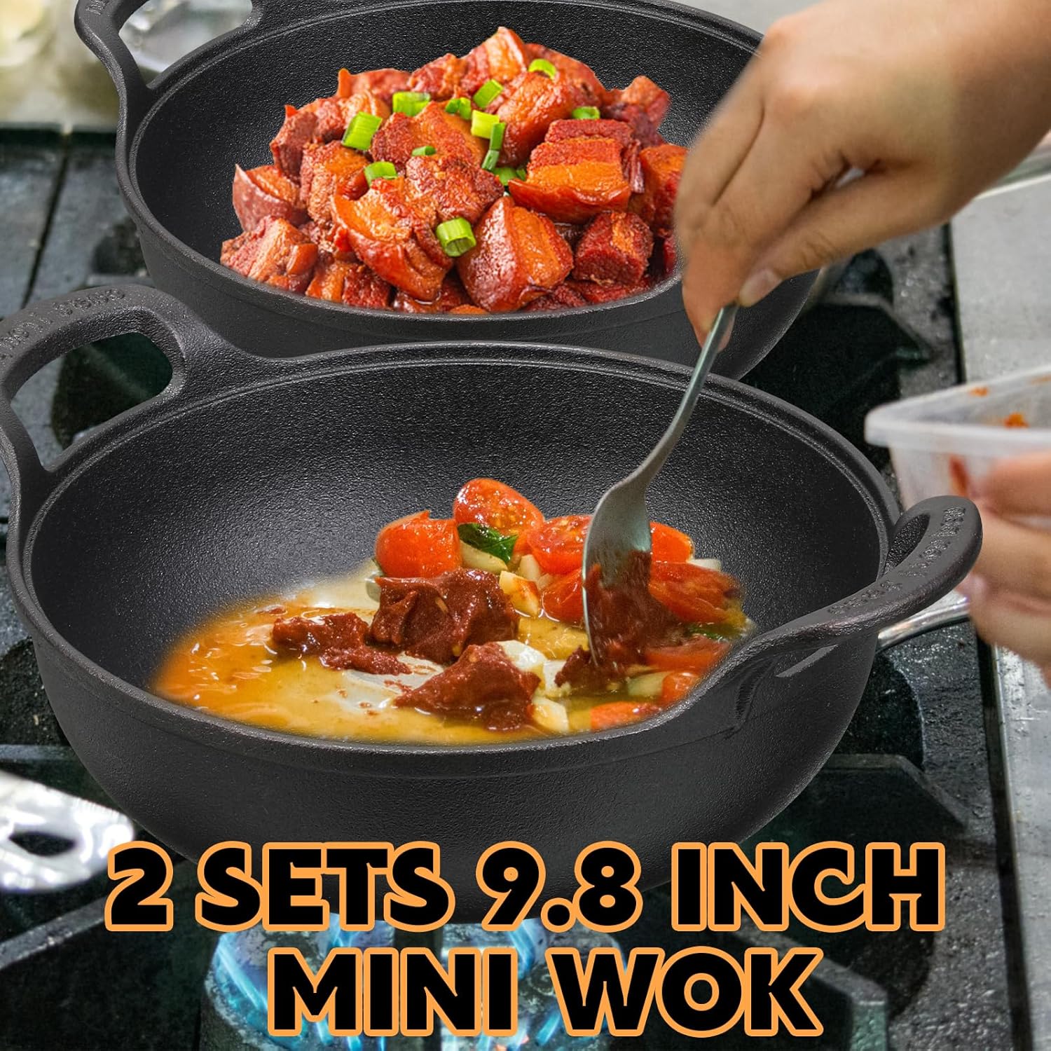 Cast Iron Wok with Loop Handle, 9.8 Inch Nonstick Flat Bottom Stir Fry Pan U7633