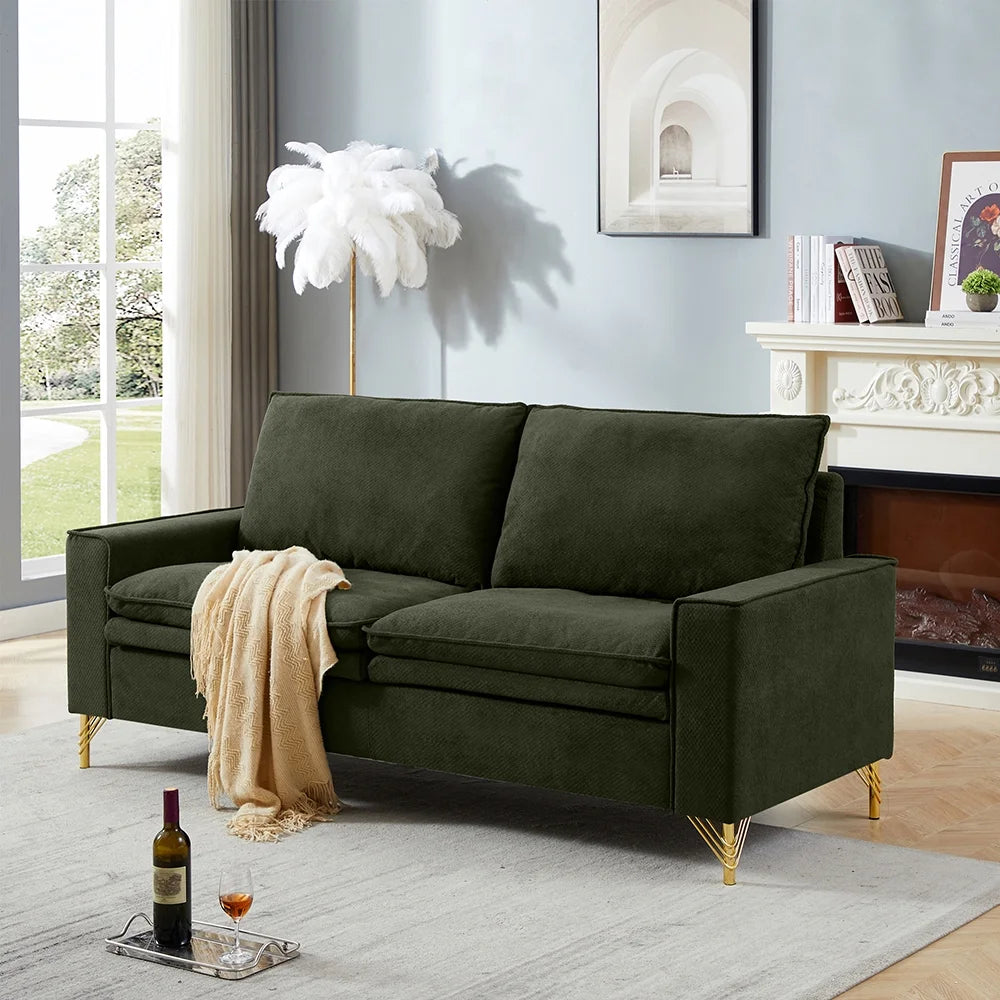 Mid-Century 2-Seat Loveseat Couch with Cotton Linen Fabric and Metal Legs E893101