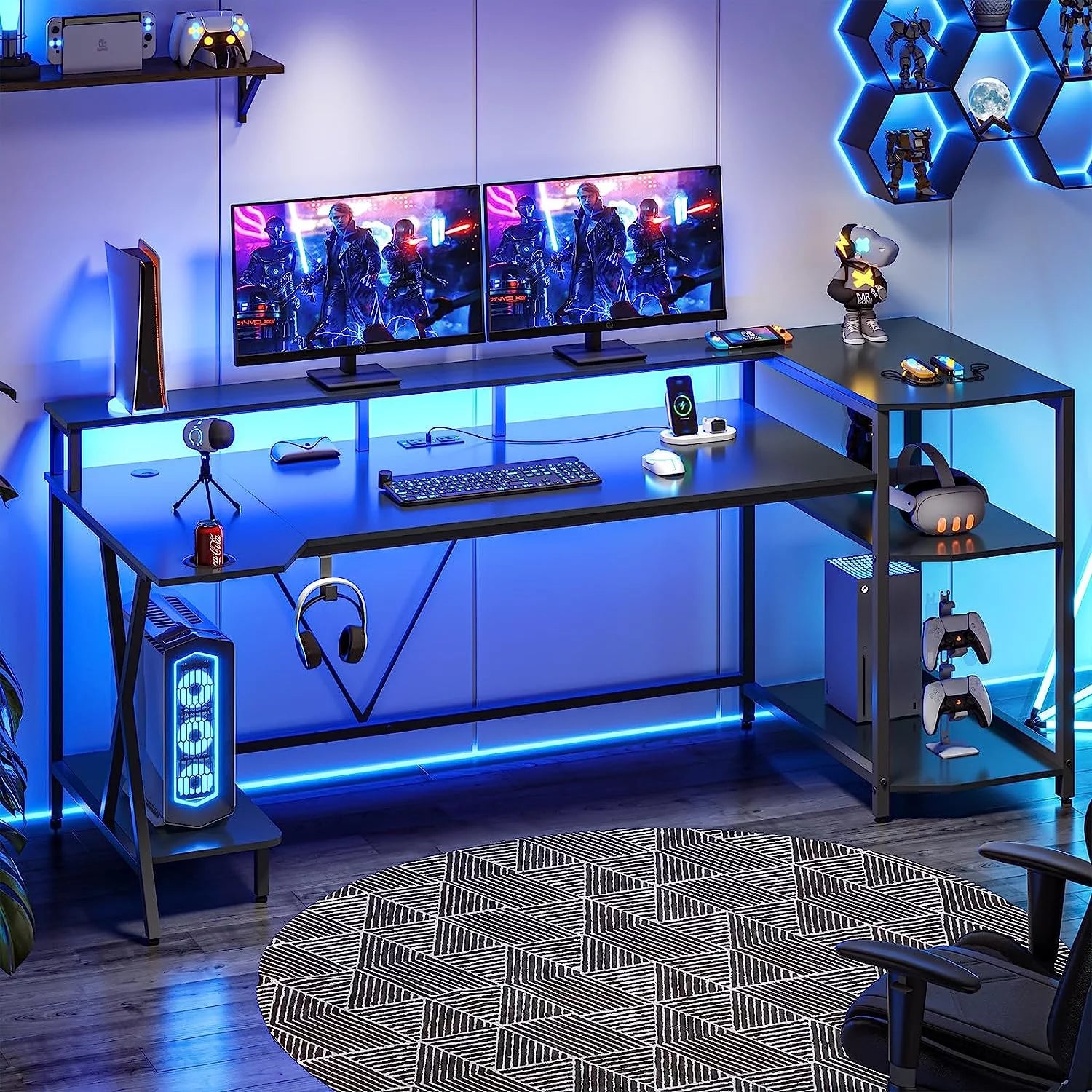 Gaming Desk with LED Lights and Storage Shelves D8814