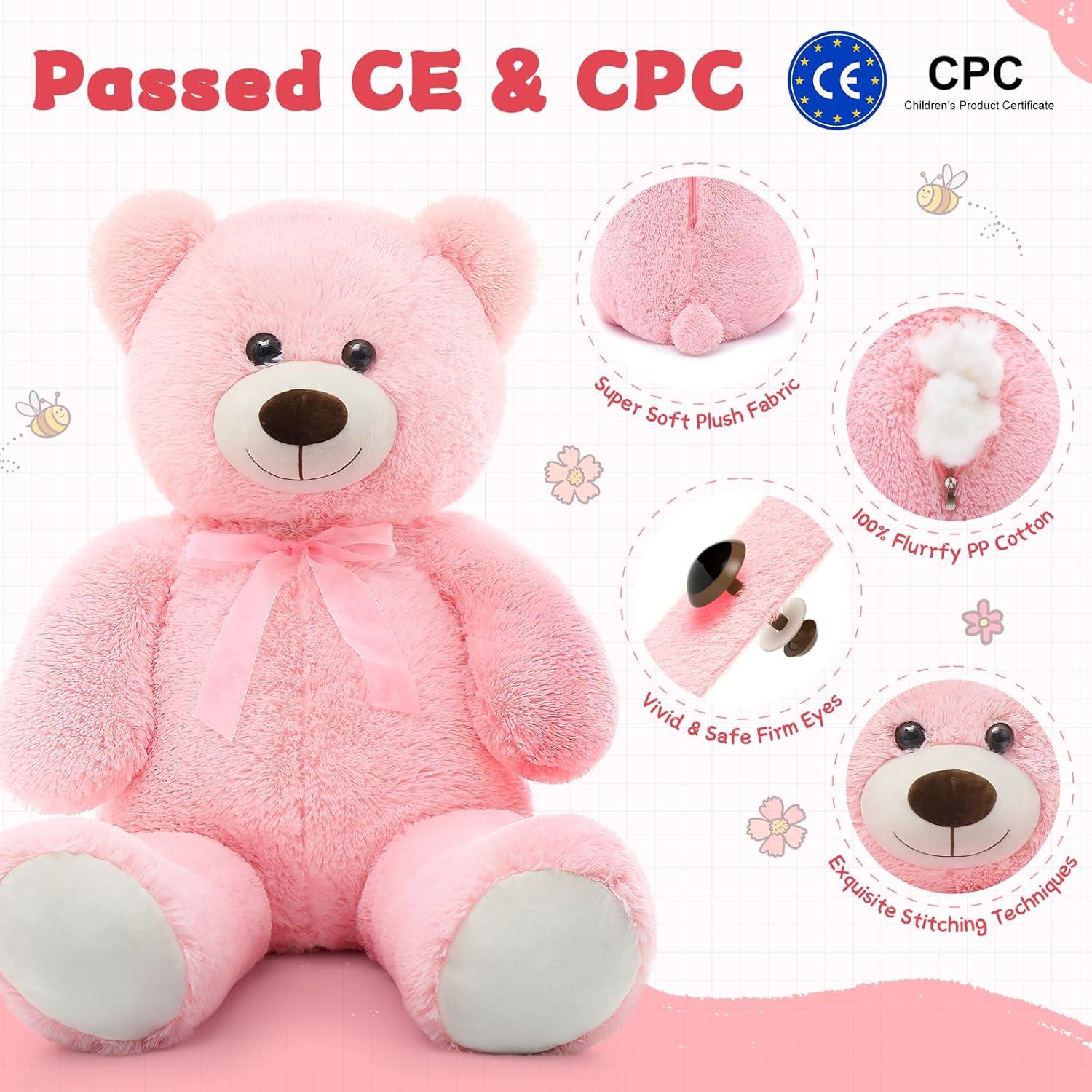 Giant Teddy Bear Stuffed Animal, 35.4 Inch Large Pink Plush Toy for Kids G743524