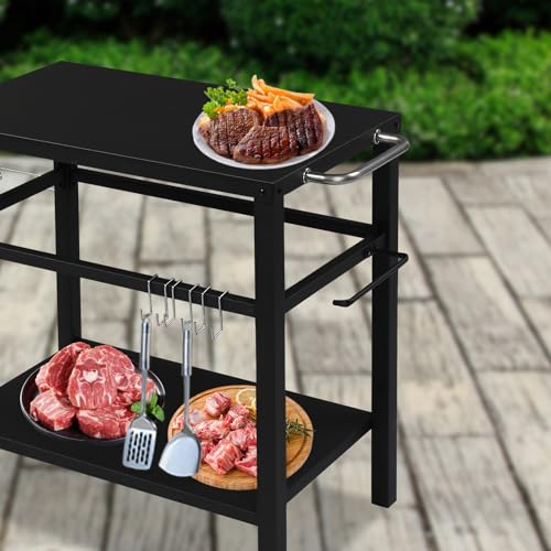 Grill Cart Table with Wheels, Food Prep Worktable with Hooks and Spice Rack D908791