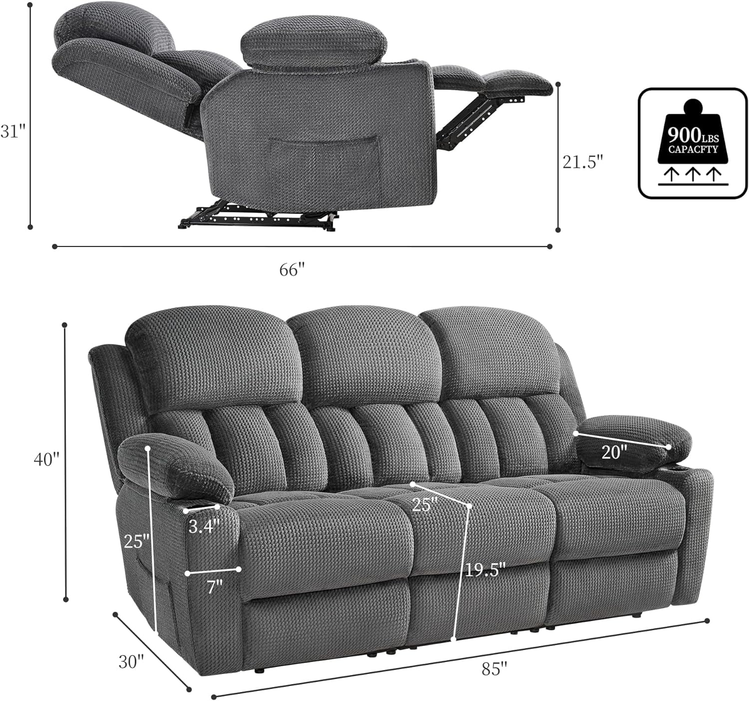 Recliner Couch, 3 Seater Sofa with Cup Holders, 85 Inch Grey D261