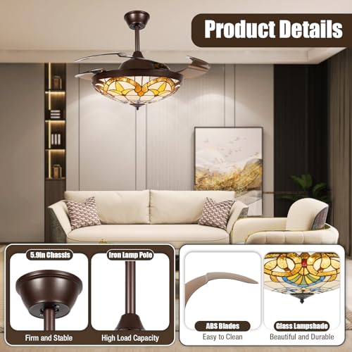Tiffany Style 42 Inch Stained Glass Ceiling Fan with Light and Remote Control X80082