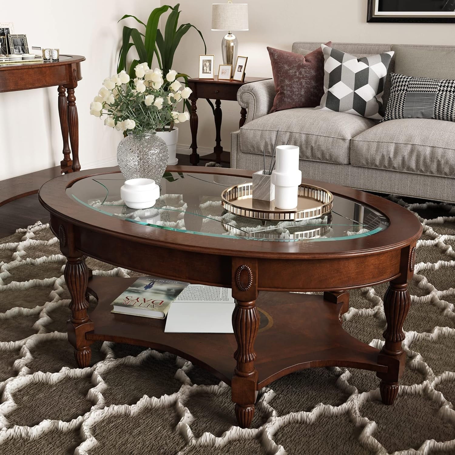 Oval Coffee Table with Glass Top, Solid Wood, Vintage Style K79990