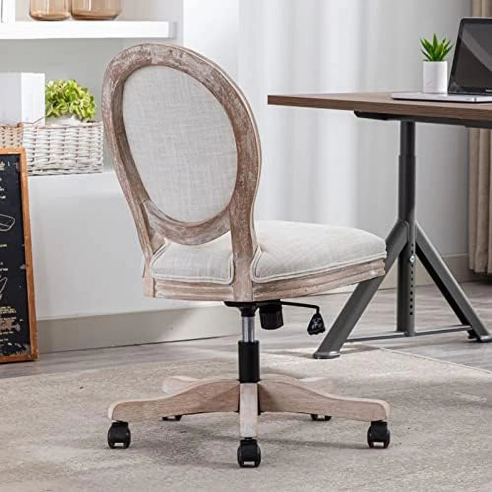 Linen Office Chair with Rattan Back, Adjustable Swivel Task Chair N169399