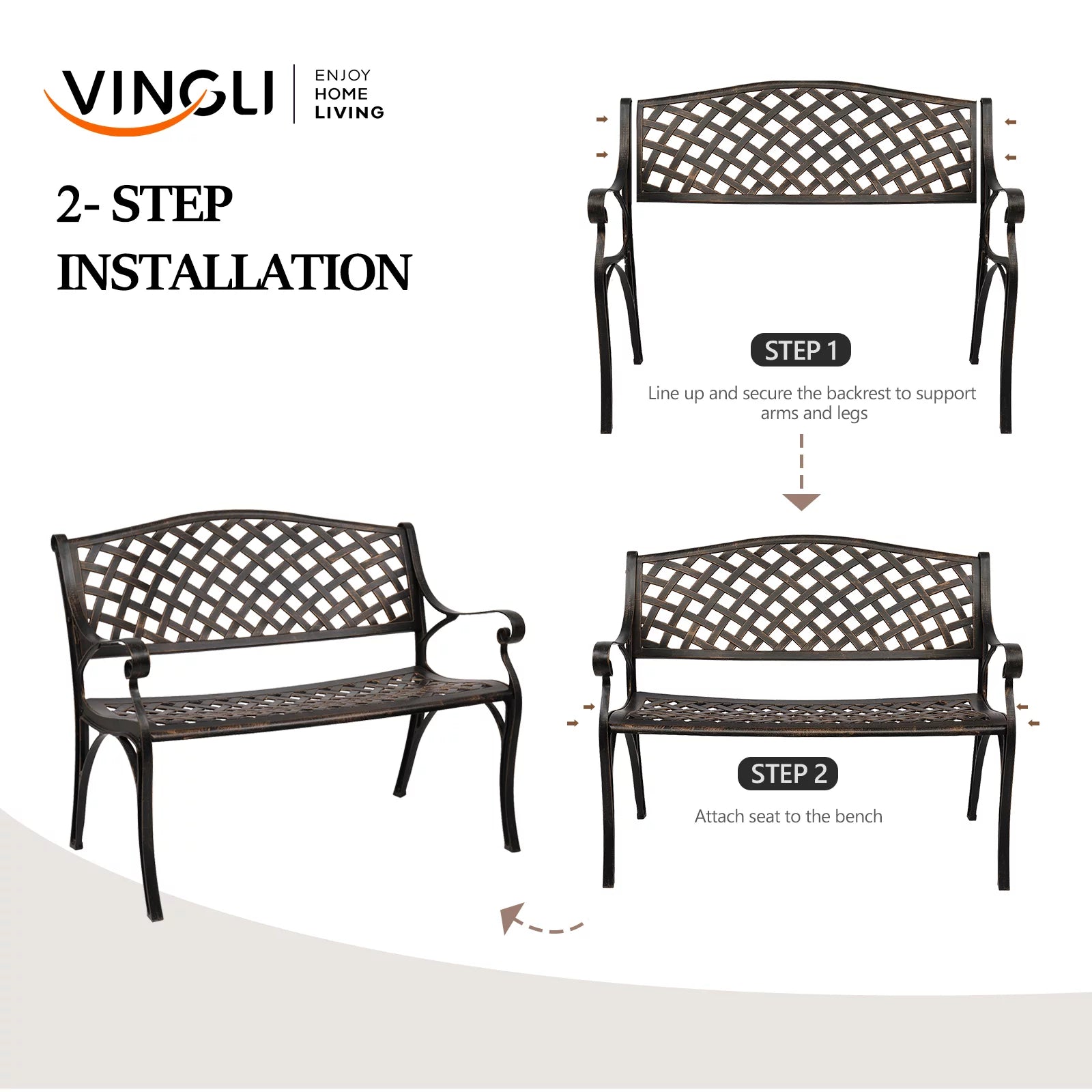 Patio Garden Bench, Anti-Rust Cast Aluminum Frame for Outdoor Yard Lawn Decor T41016