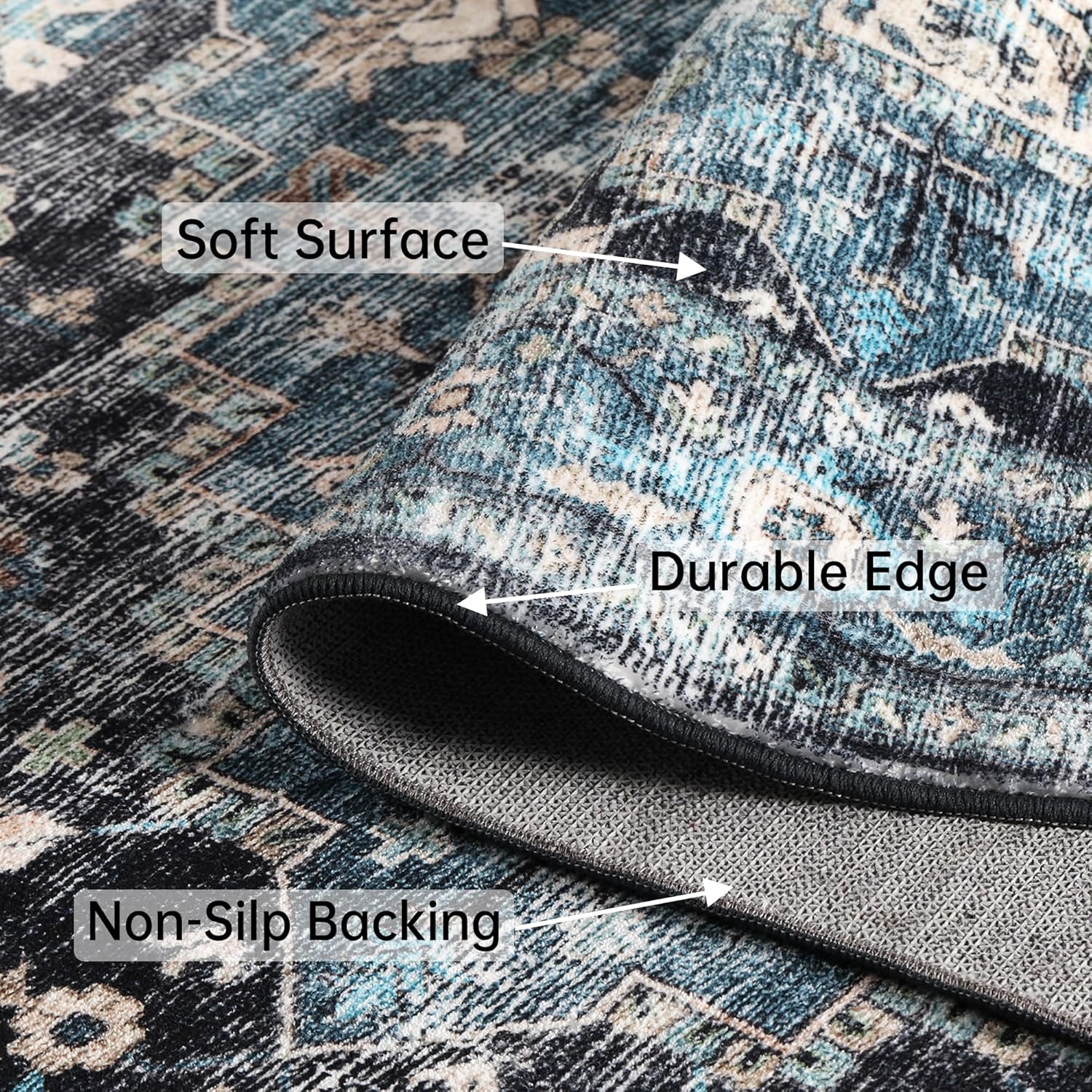 Vintage Blue 8x10 Non-Slip Washable Area Rug for Living Room J880404