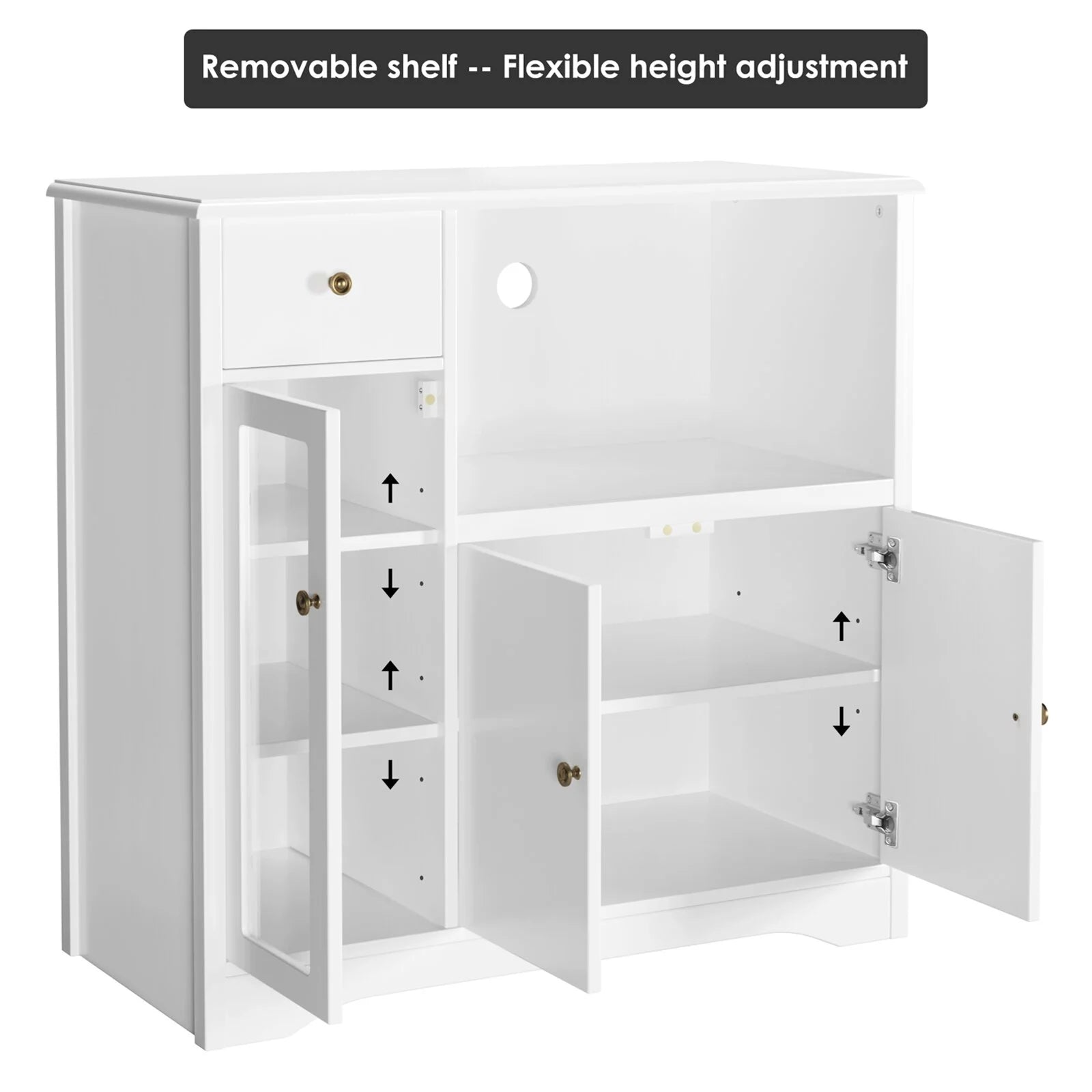 Microwave Cabinet with Hutch, Kitchen Pantry Sideboard with Adjustable Shelves and Drawer, White O10197