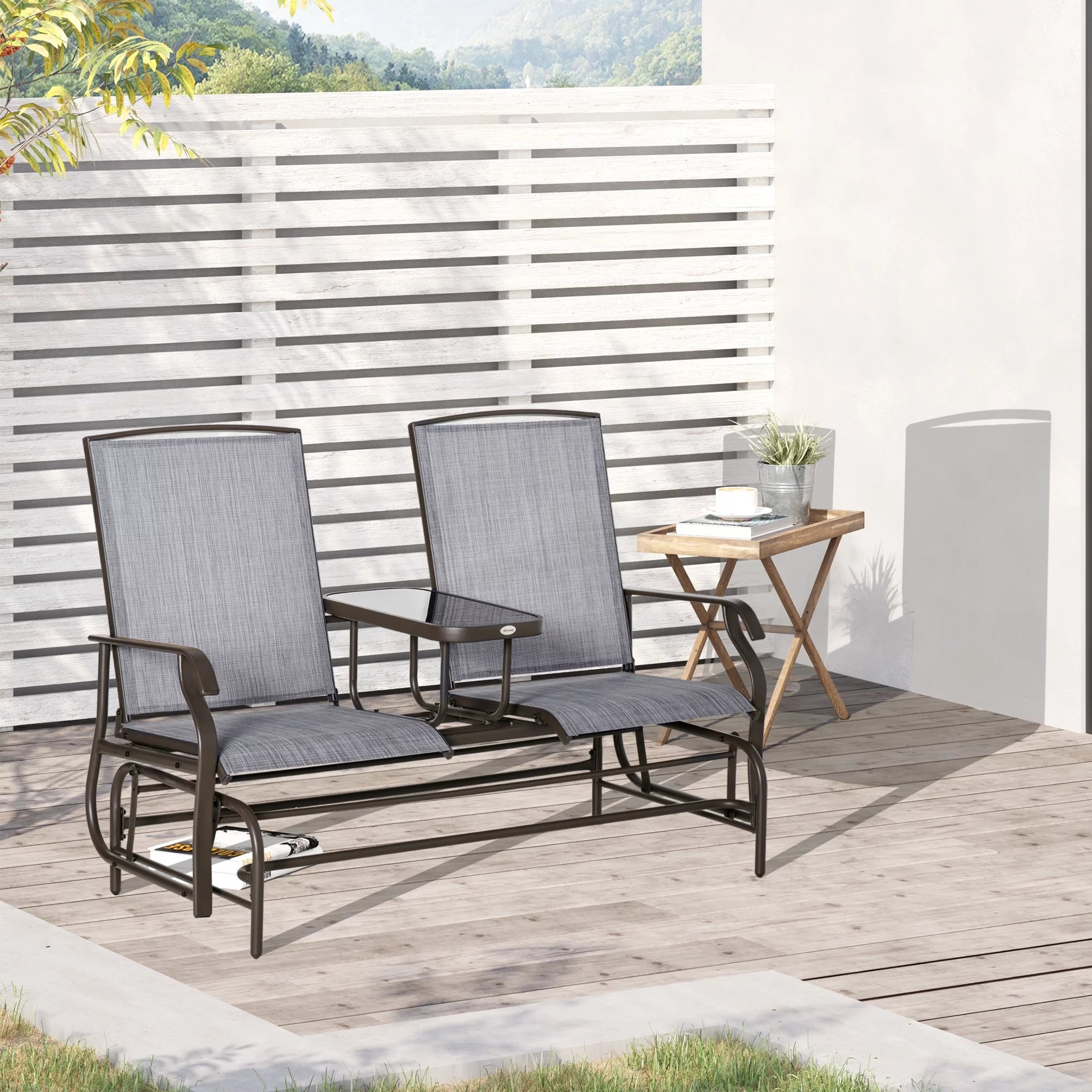 Outdoor Glider Bench with Center Table, Metal Frame Patio Loveseat Q793223