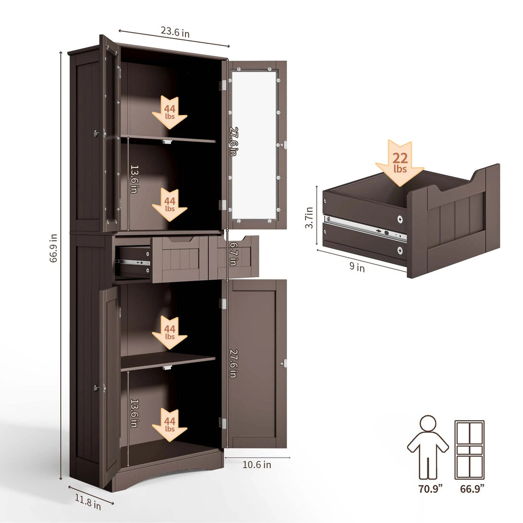 Tall Storage Cabinet with Glass Doors and 2 Drawers, Dark Brown V33192