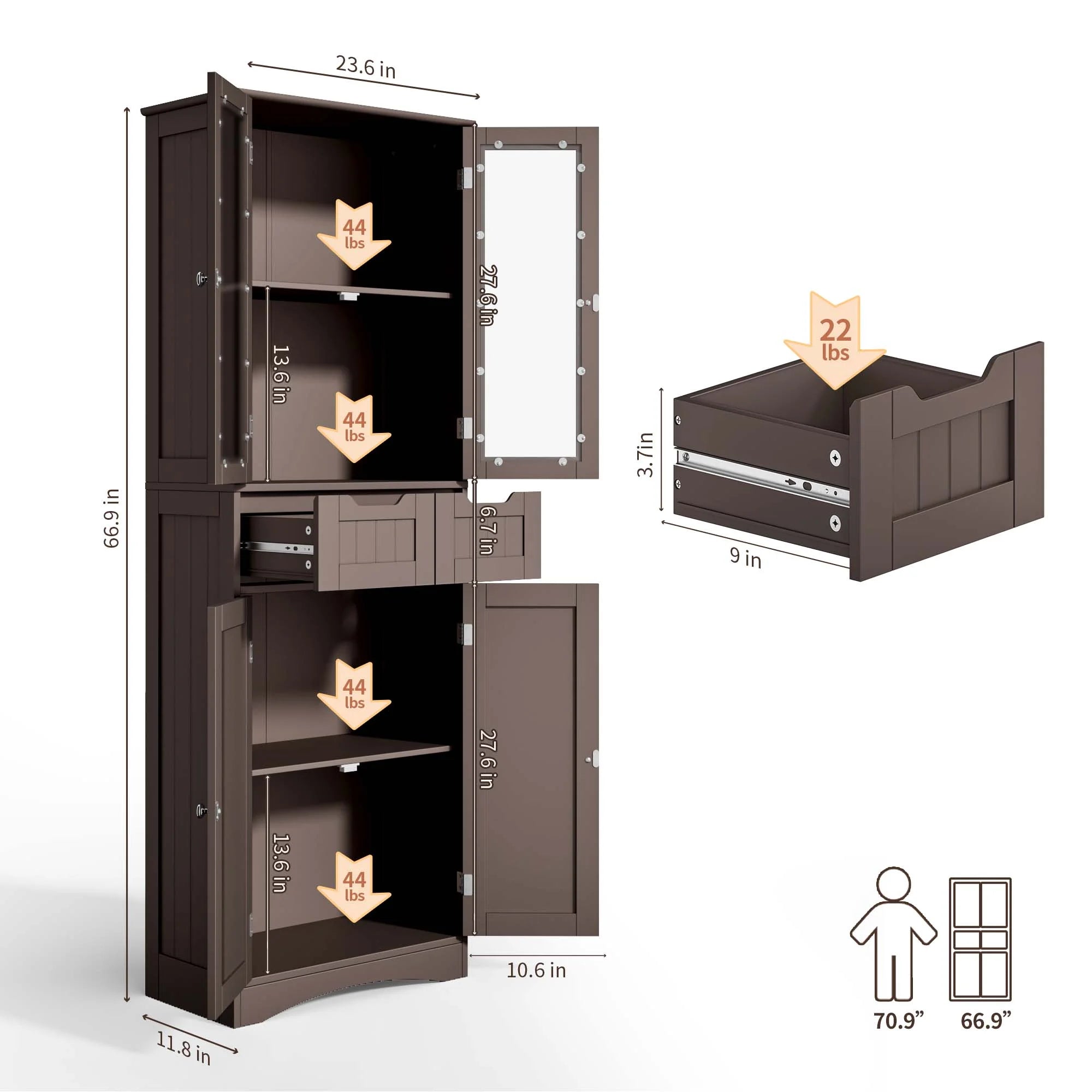 Tall Storage Cabinet with Glass Doors and 2 Drawers, Dark Brown V33192